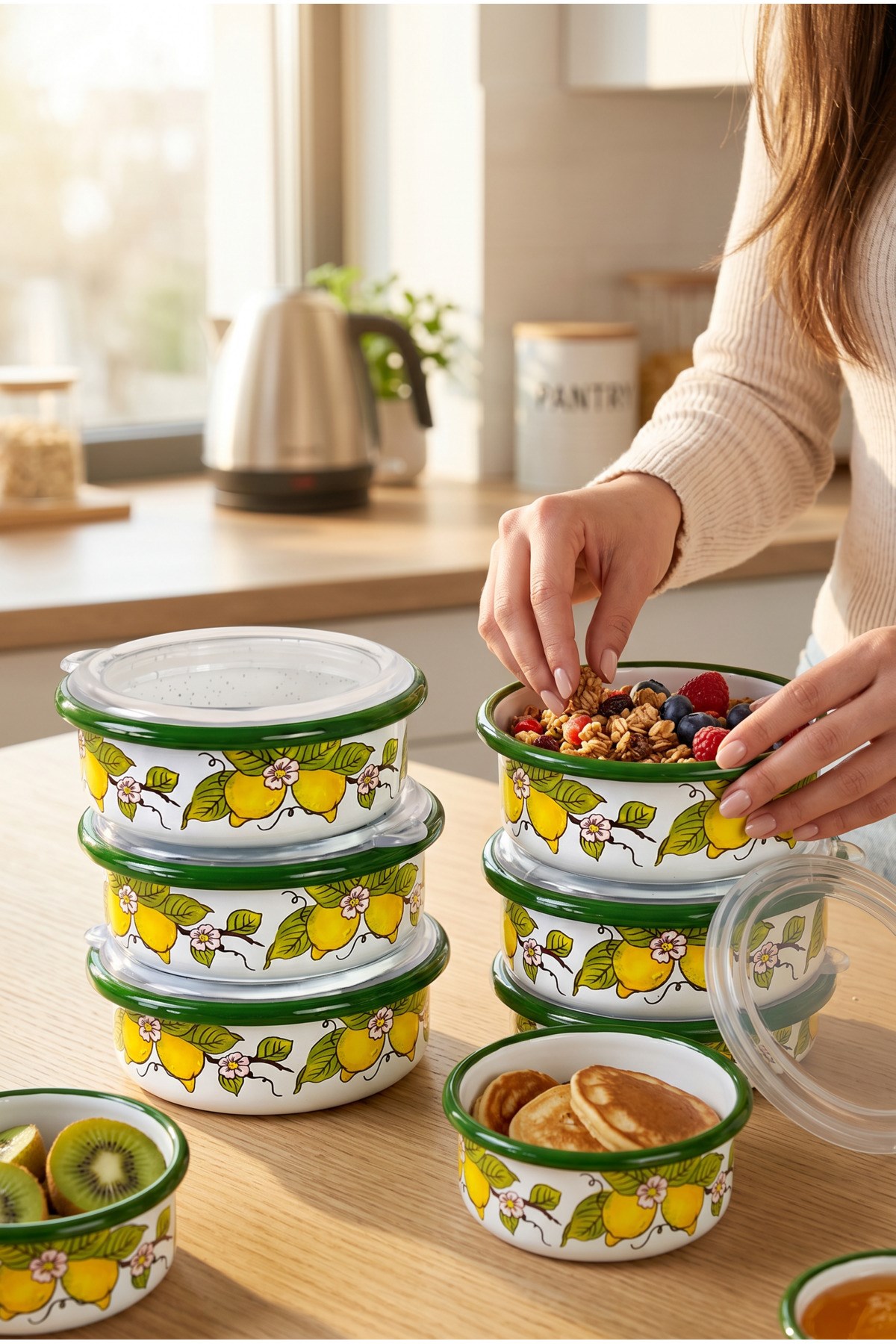 12 Parça 6 lı Emaye Kapaklı Kahvaltı Seti, Kahvaltı Tabağı, Sunum, Zeytin, Reçellik, Peynir Tabağı, Hediye, Çeyiz