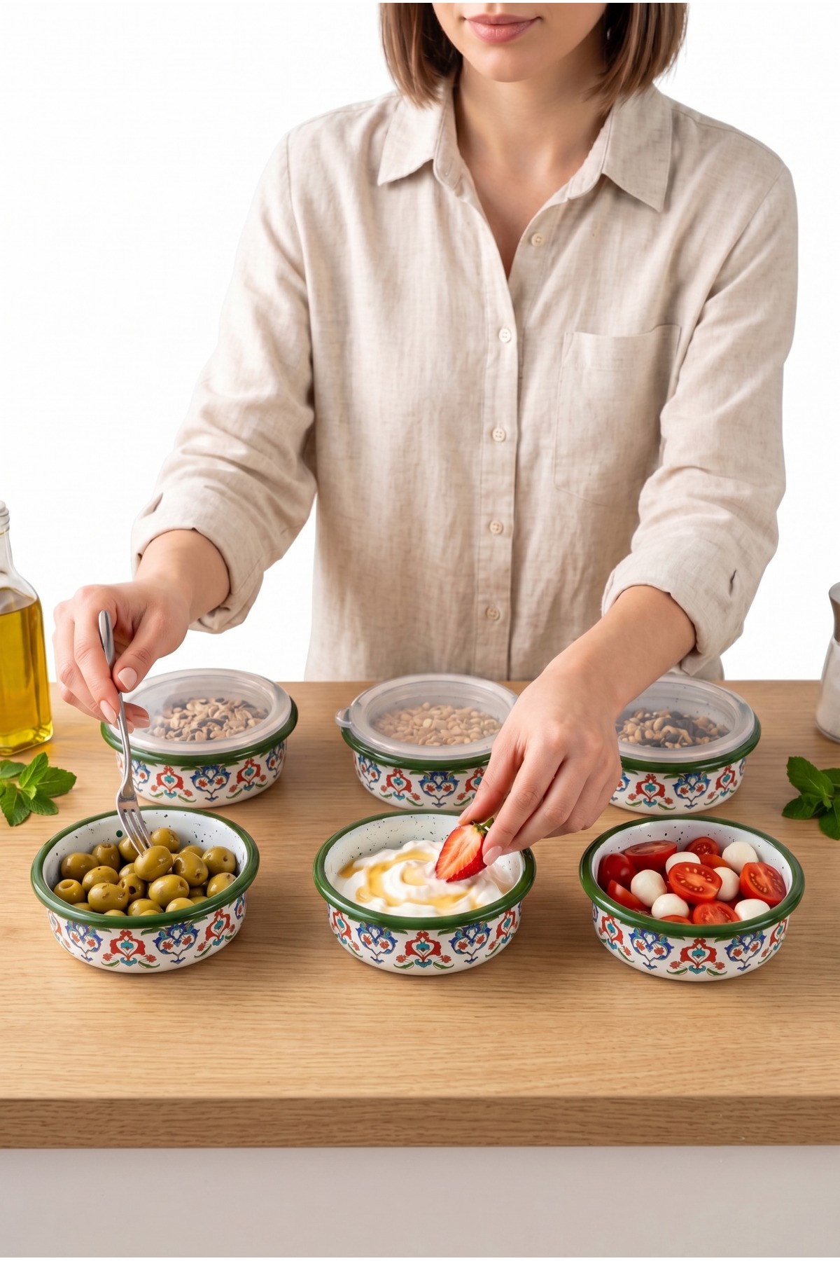 12 Parça 6 lı Emaye Kapaklı Kahvaltı Seti, Kahvaltı Tabağı, Sunum, Zeytin, Reçellik, Peynir Tabağı, Hediye, Çeyiz