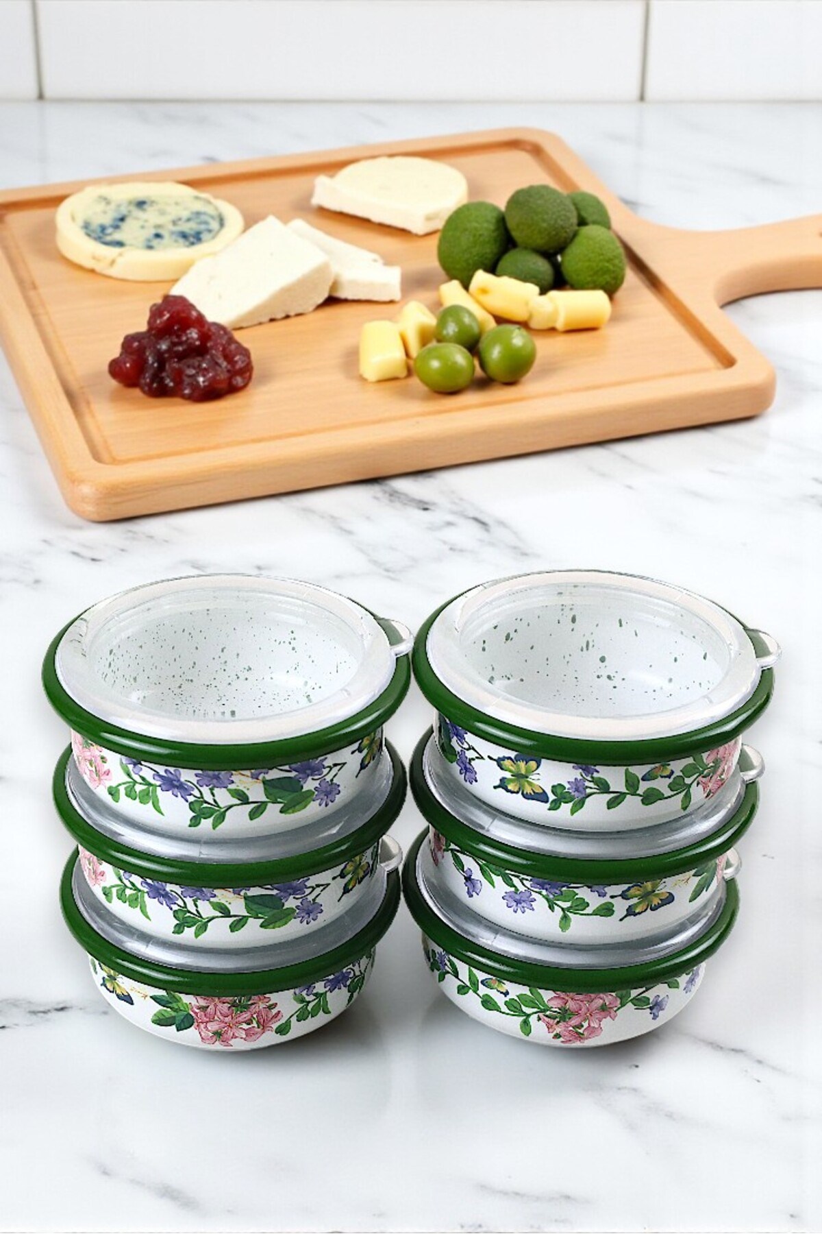 12 Parça 6 lı Emaye Kapaklı Kahvaltı Seti, Kahvaltı Tabağı, Sunum, Zeytin, Reçellik, Peynir Tabağı, Hediye, Çeyiz
