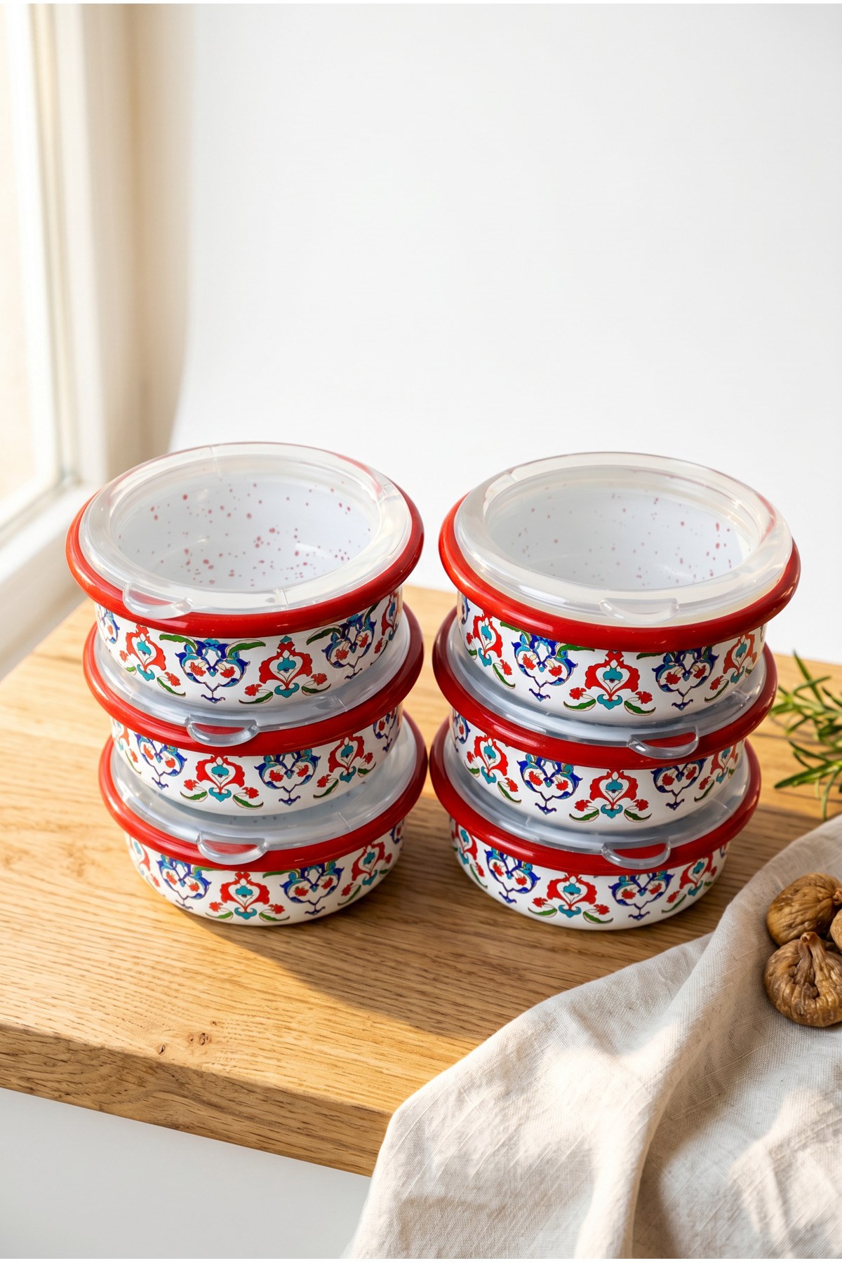 12 Parça 6 lı Emaye Kapaklı Kahvaltı Seti, Kahvaltı Tabağı, Sunum, Zeytin, Reçellik, Peynir Tabağı, Hediye, Çeyiz