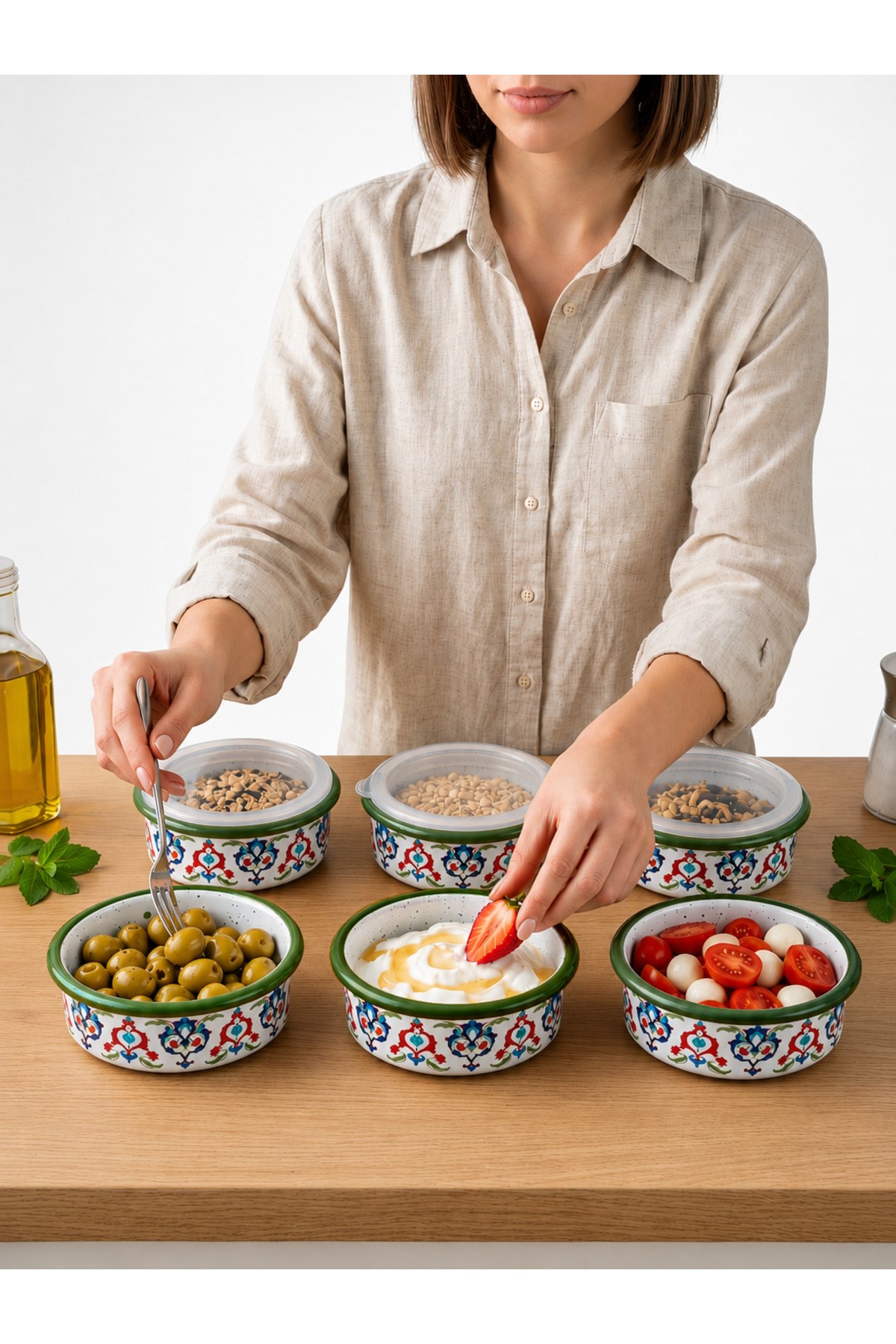 12 Parça 6 lı Emaye Kapaklı Kahvaltı Seti, Kahvaltı Tabağı, Sunum, Zeytin, Reçellik, Peynir Tabağı, Hediye, Çeyiz