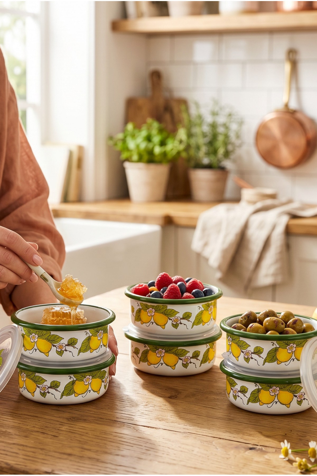 12 Parça 6 lı Emaye Kapaklı Kahvaltı Seti, Kahvaltı Tabağı, Sunum, Zeytin, Reçellik, Peynir Tabağı, Hediye, Çeyiz