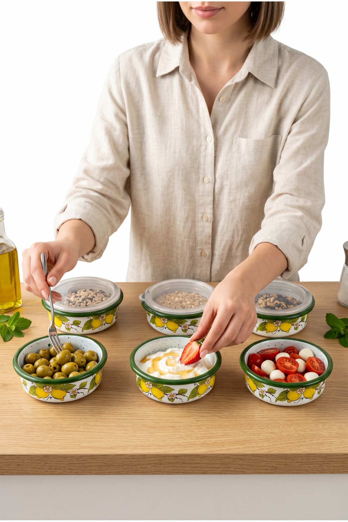 12 Parça 6 lı Emaye Kapaklı Kahvaltı Seti, Kahvaltı Tabağı, Sunum, Zeytin, Reçellik, Peynir Tabağı, Hediye, Çeyiz