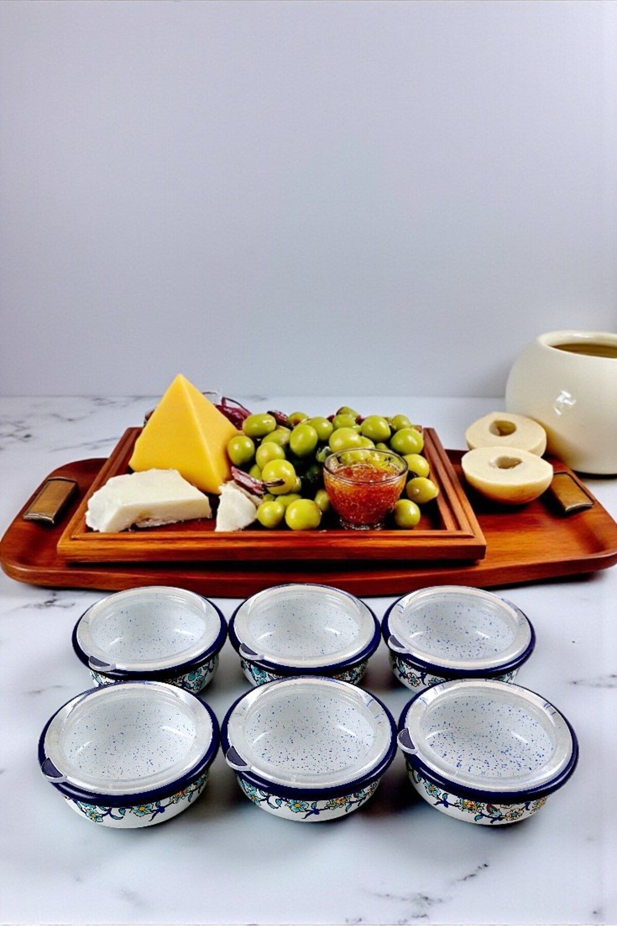 12 Parça 6 lı Emaye Kapaklı Kahvaltı Seti, Kahvaltı Tabağı, Sunum, Zeytin, Reçellik, Peynir Tabağı, Hediye, Çeyiz