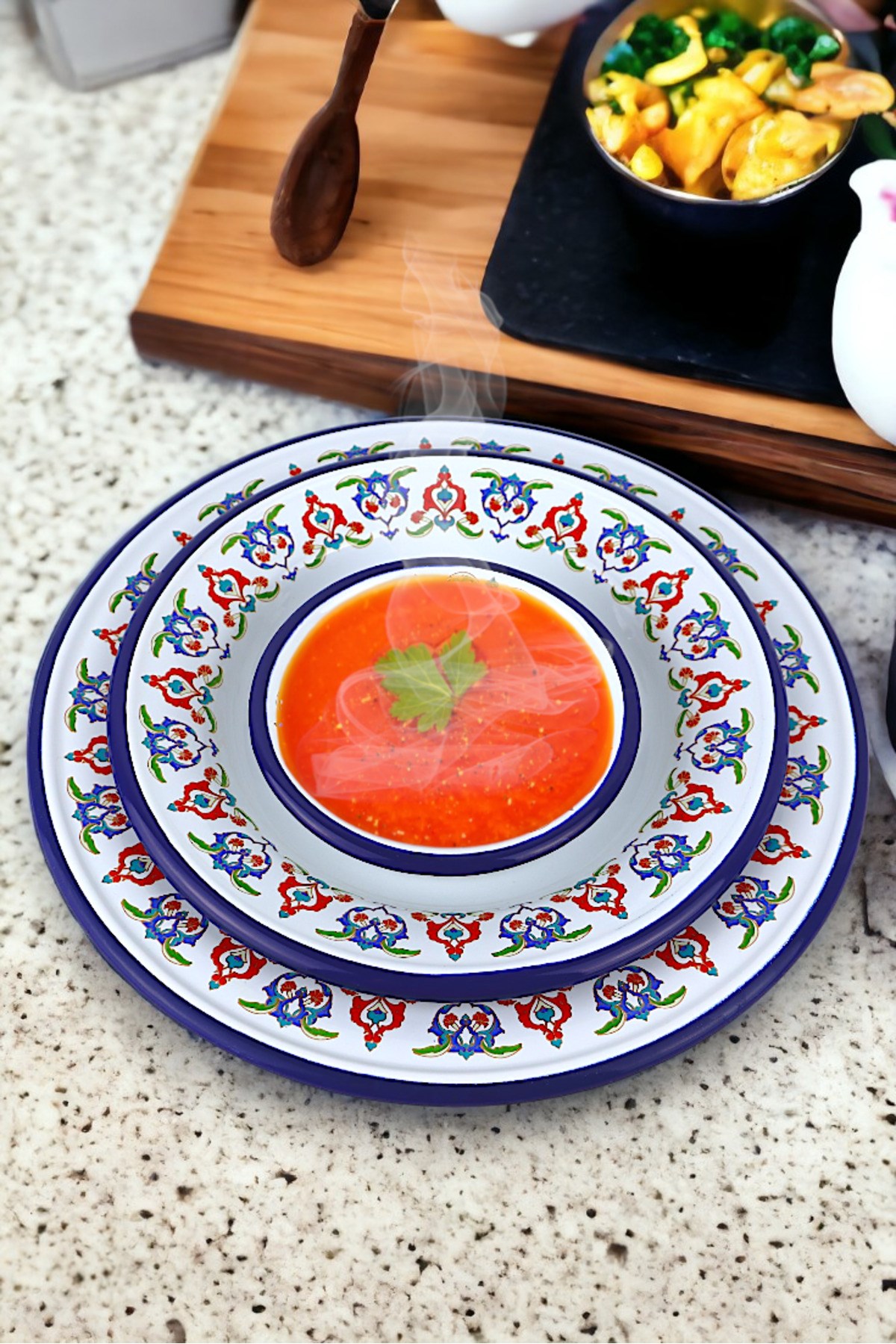 13-24-30 No 3'lü Emaye Yemek Tabağı, Tabak Servis, Yemek, Kamp Piknik, Çeyiz, Hediye