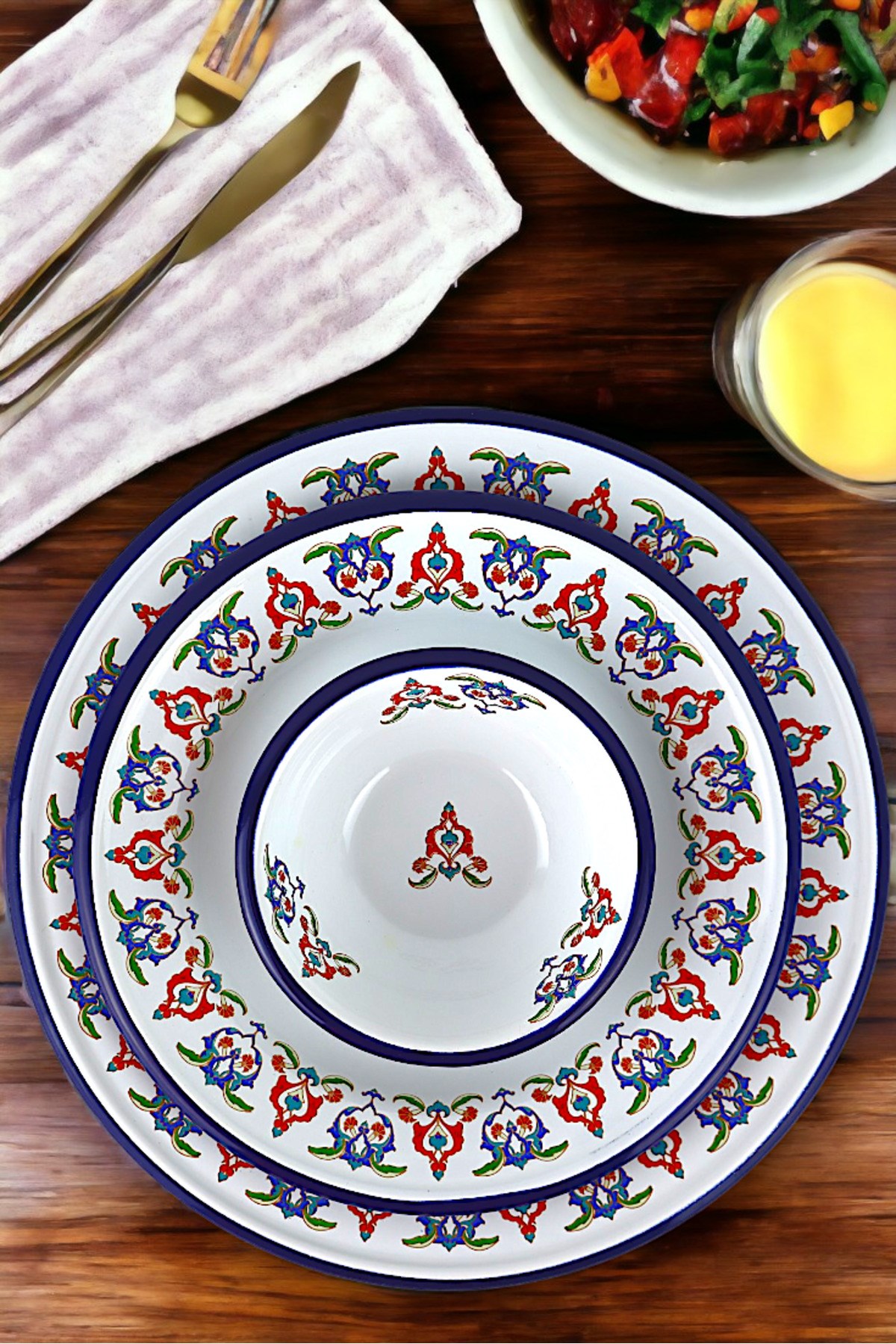 13-24-30 No 3'lü Emaye Yemek Tabağı, Tabak Servis, Yemek, Kamp Piknik, Çeyiz, Hediye