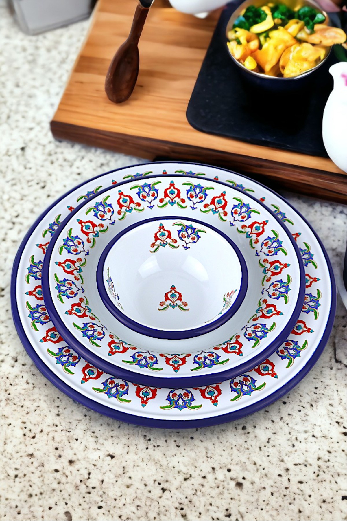 13-24-30 No 3'lü Emaye Yemek Tabağı, Tabak Servis, Yemek, Kamp Piknik, Çeyiz, Hediye
