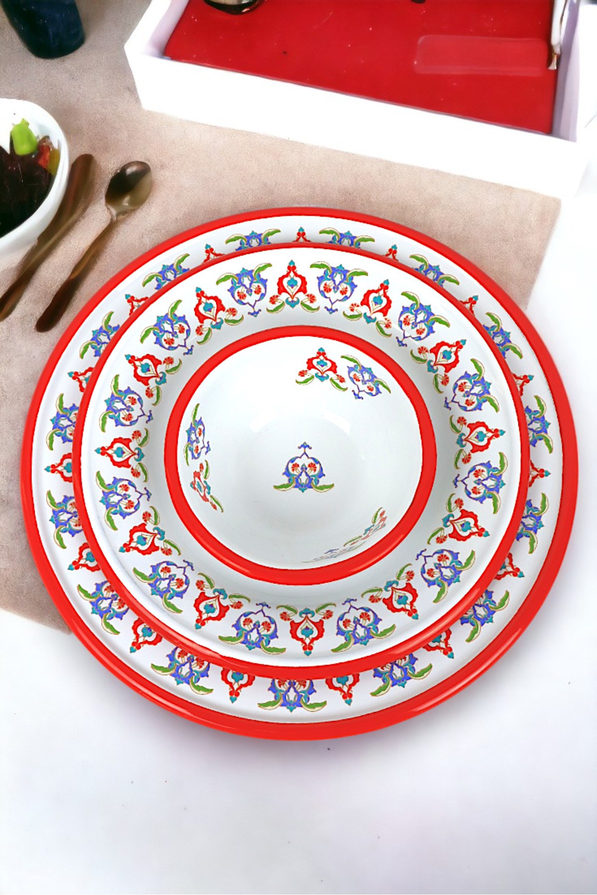 13-24-30 No 3'lü Emaye Yemek Tabağı, Tabak Servis, Yemek, Kamp Piknik, Çeyiz, Hediye