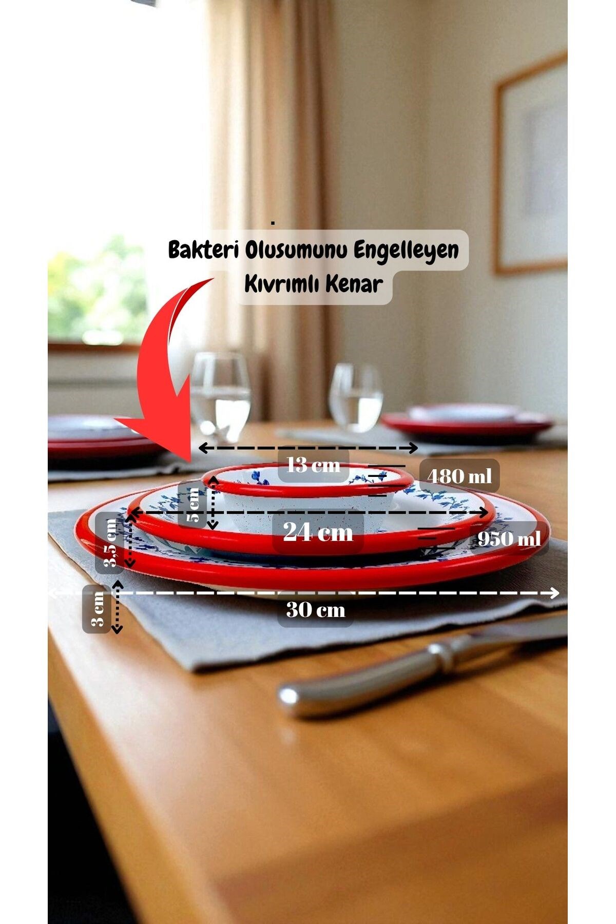 13-24-30 No 3'lü Emaye Yemek Tabağı, Tabak Servis, Yemek, Kamp Piknik, Çeyiz, Hediye