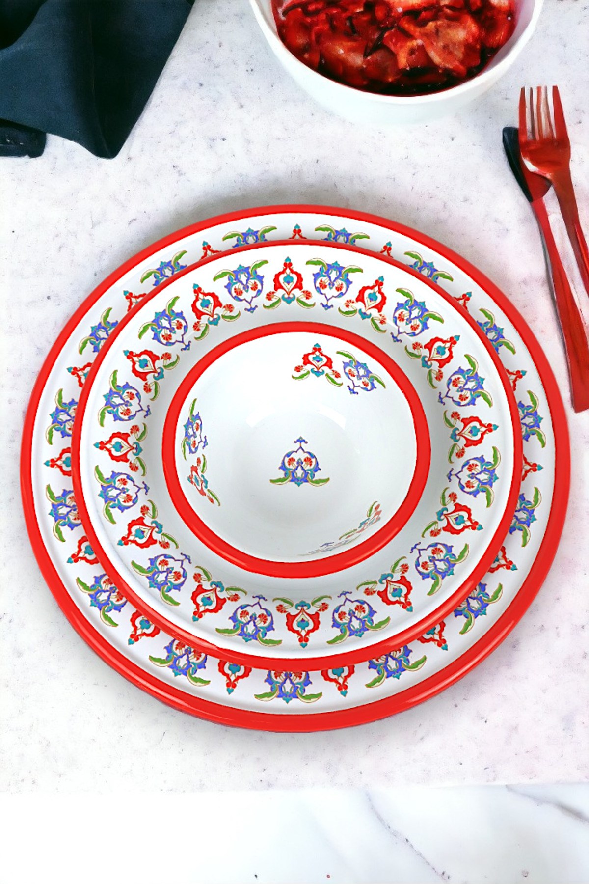 13-24-30 No 3'lü Emaye Yemek Tabağı, Tabak Servis, Yemek, Kamp Piknik, Çeyiz, Hediye