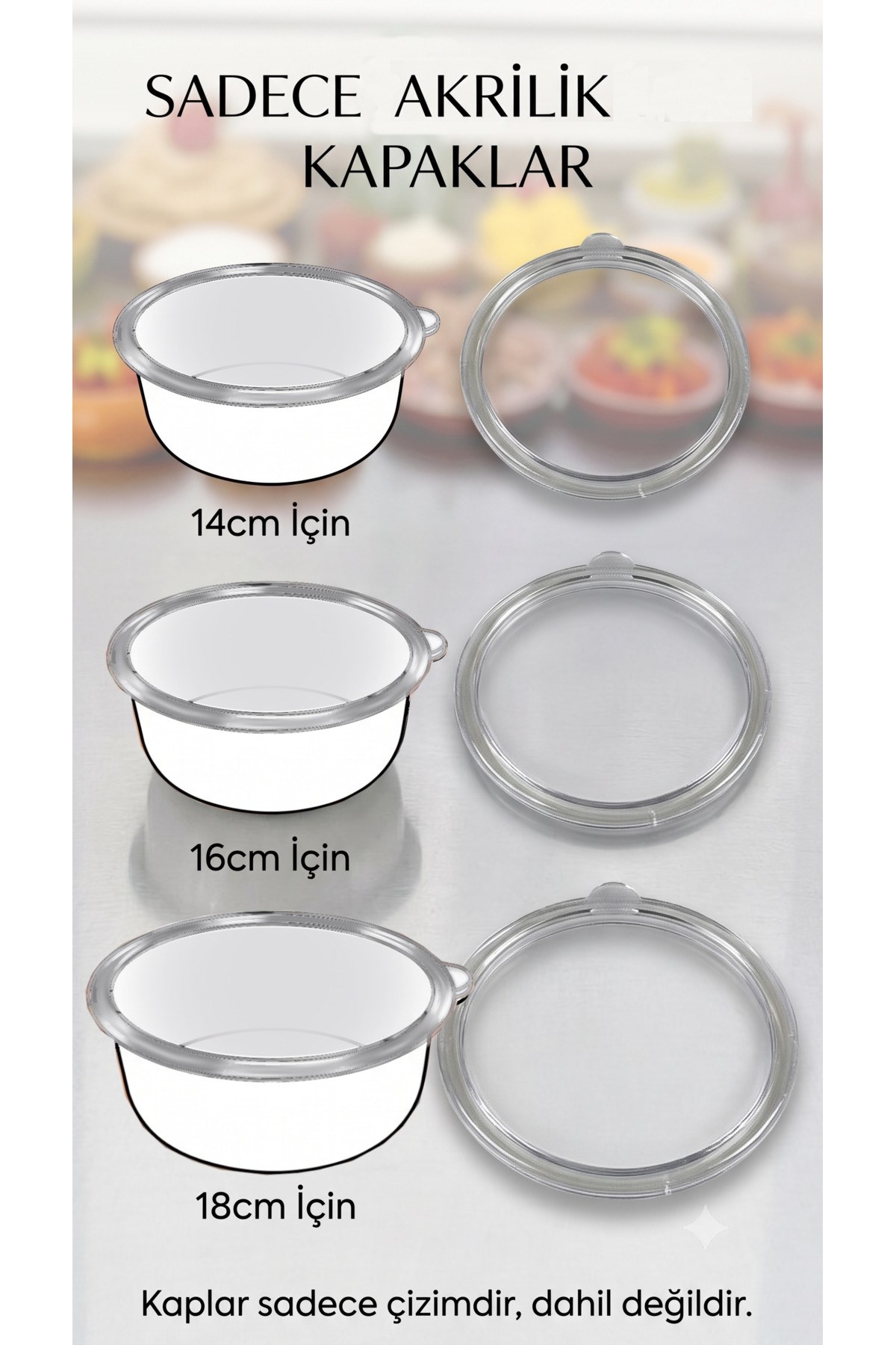 14 Cm 16 Cm 18 Cm 3 Lü Akrilik Silikon Contalı Saklama Kabı Kapağı