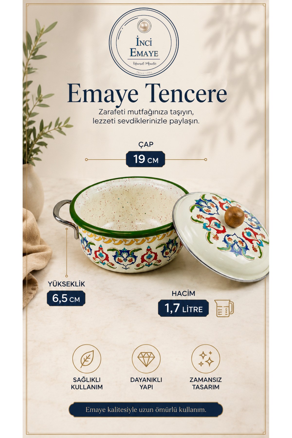 16 Cm 1.7L 2 Parça Emaye Tencere Kapaklı, Servis, Yemek Kamp, Piknik, Çeyiz