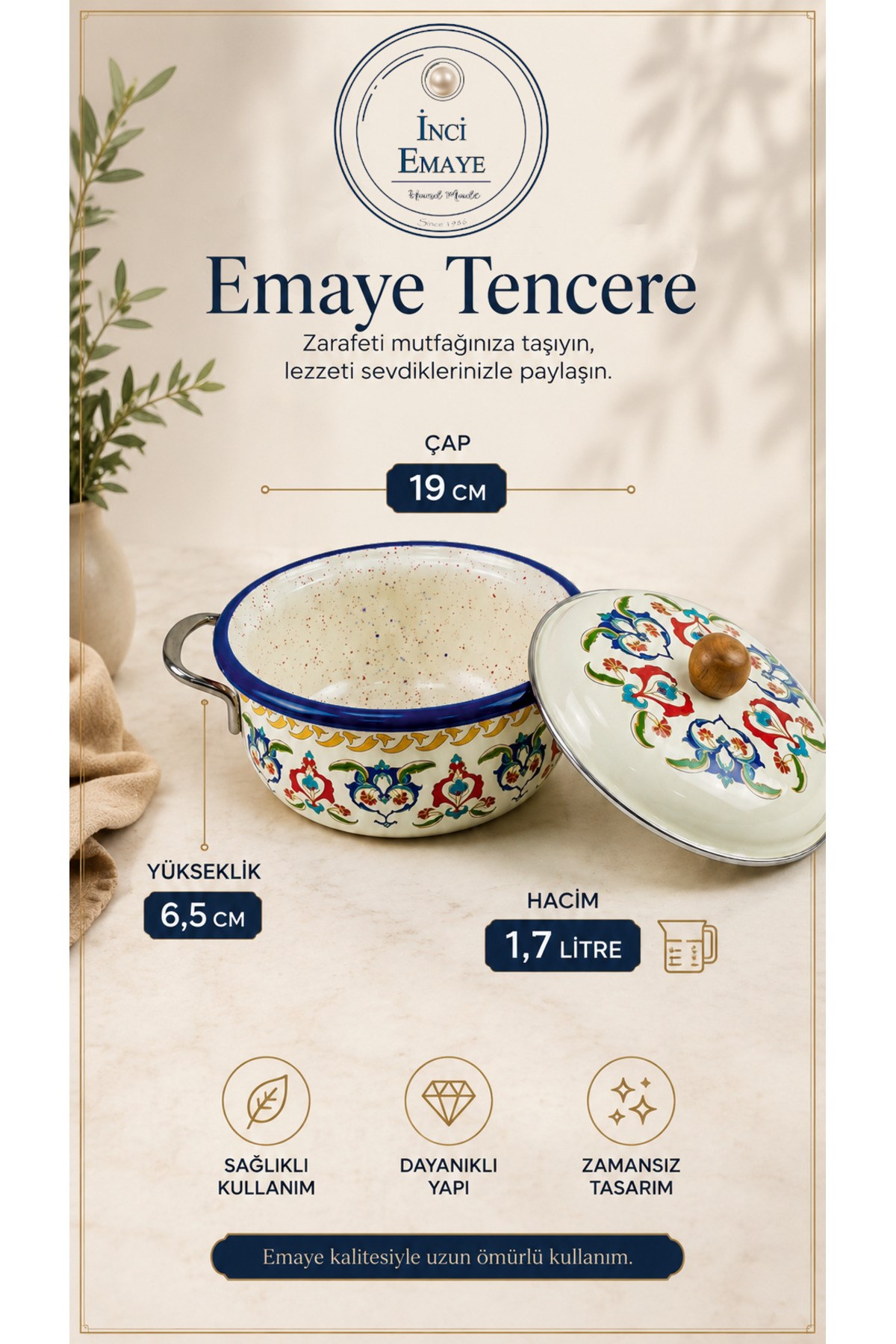 16 Cm 1.7L 2 Parça Emaye Tencere Kapaklı, Servis, Yemek Kamp, Piknik, Çeyiz