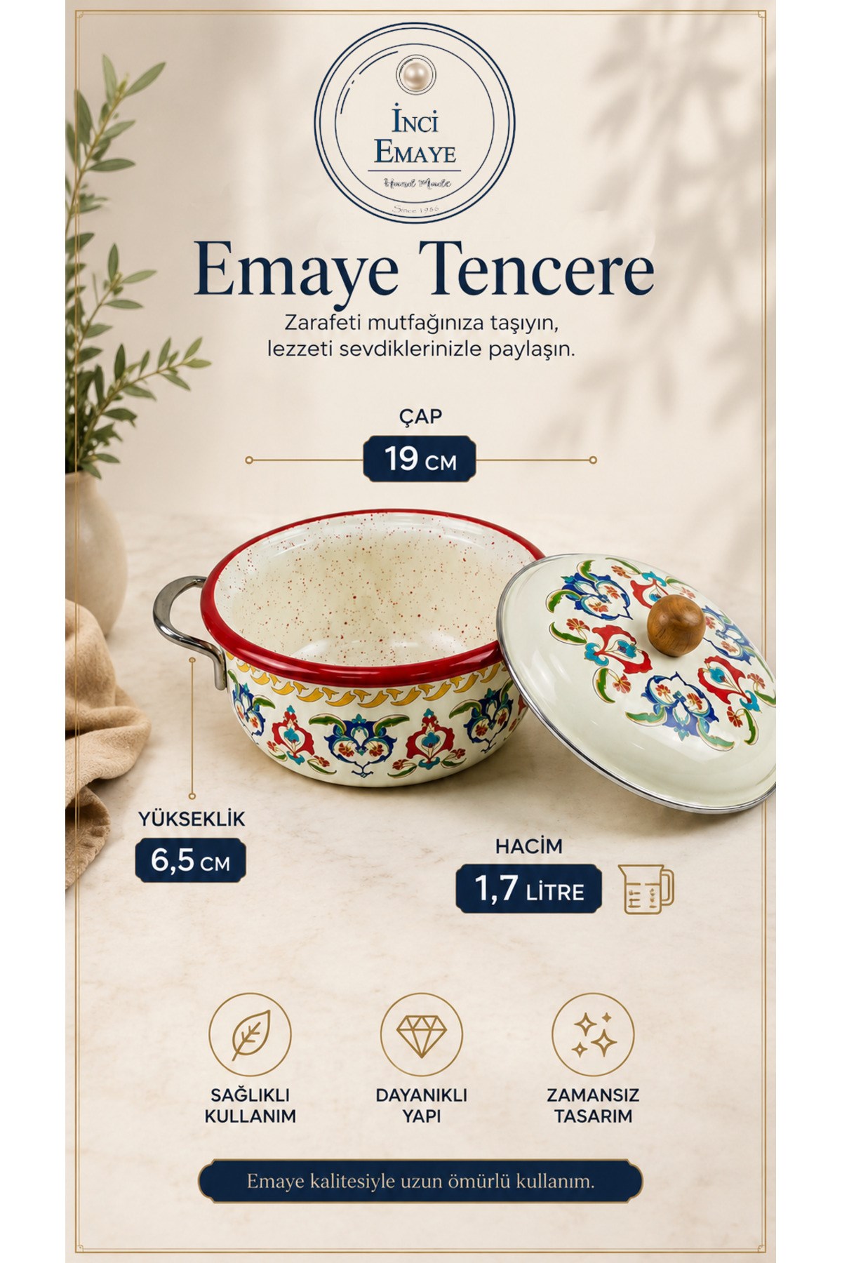 16 Cm 1.7L 2 Parça Emaye Tencere Kapaklı, Servis, Yemek Kamp, Piknik, Çeyiz