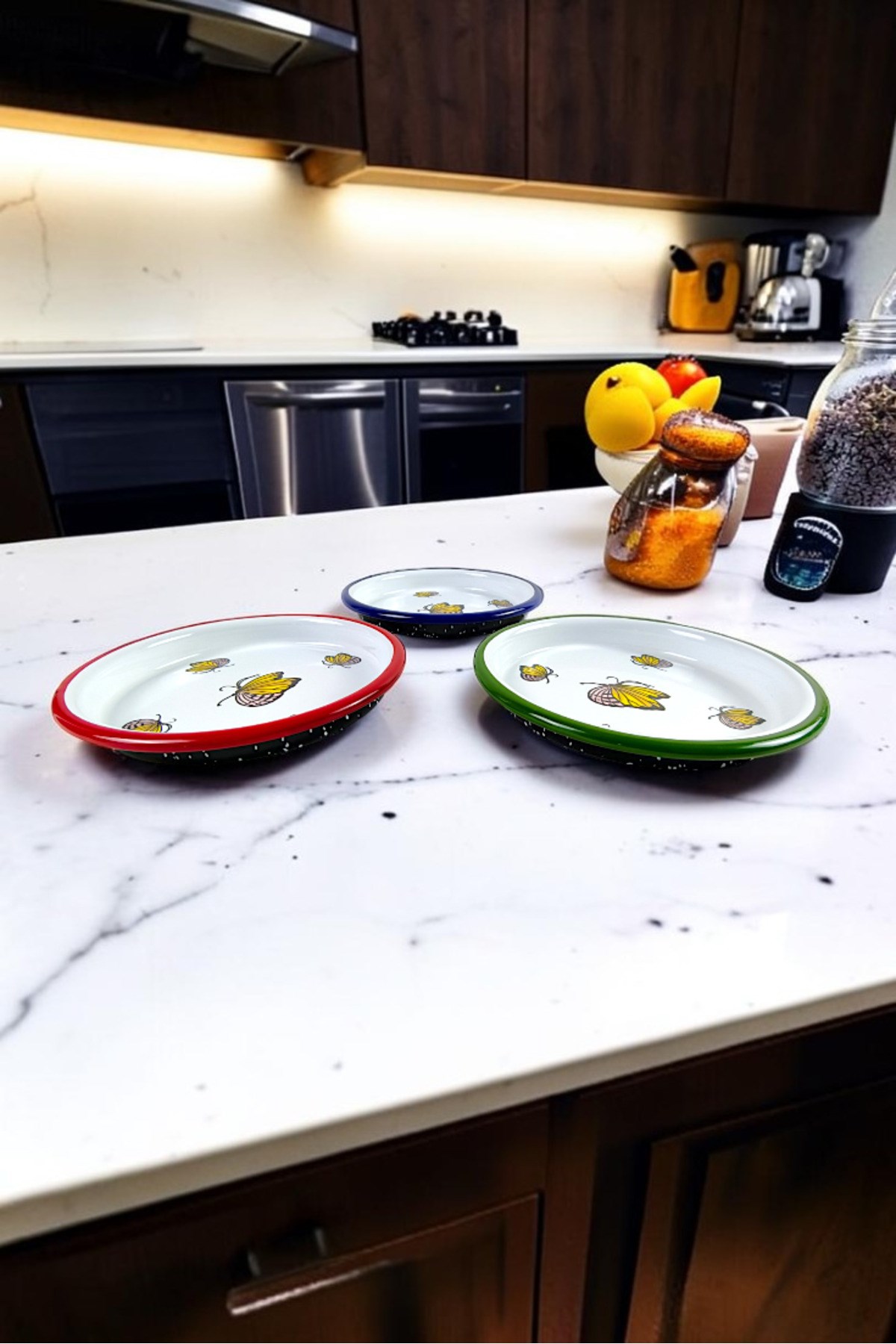 16 Cm 3 Parça 3 Renk Emaye Tabak 3 Kişilik Kahve Tabağı, Servis Tabağı Çerez Tabağı, Hediye,