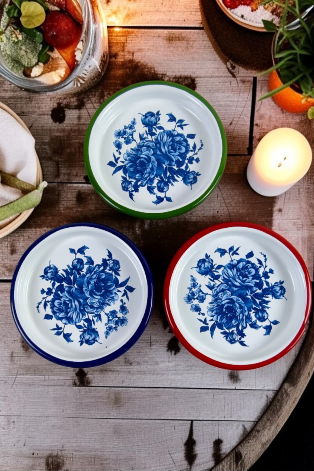 16 Cm 3 Parça 3 Renk Emaye Tabak 3 Kişilik Kahve Tabağı, Servis Tabağı Çerez Tabağı, Hediye,