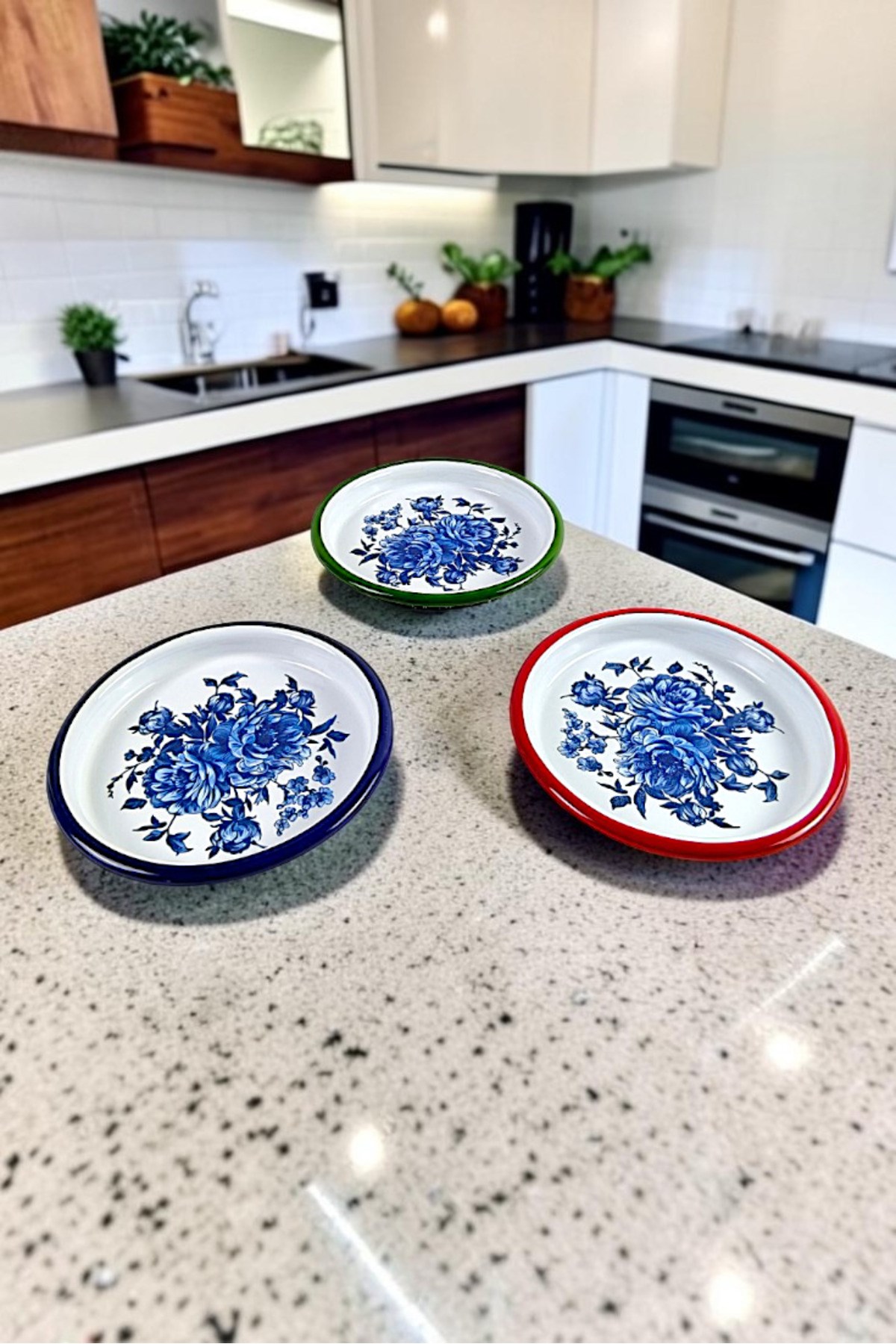 16 Cm 3 Parça 3 Renk Emaye Tabak 3 Kişilik Kahve Tabağı, Servis Tabağı Çerez Tabağı, Hediye,