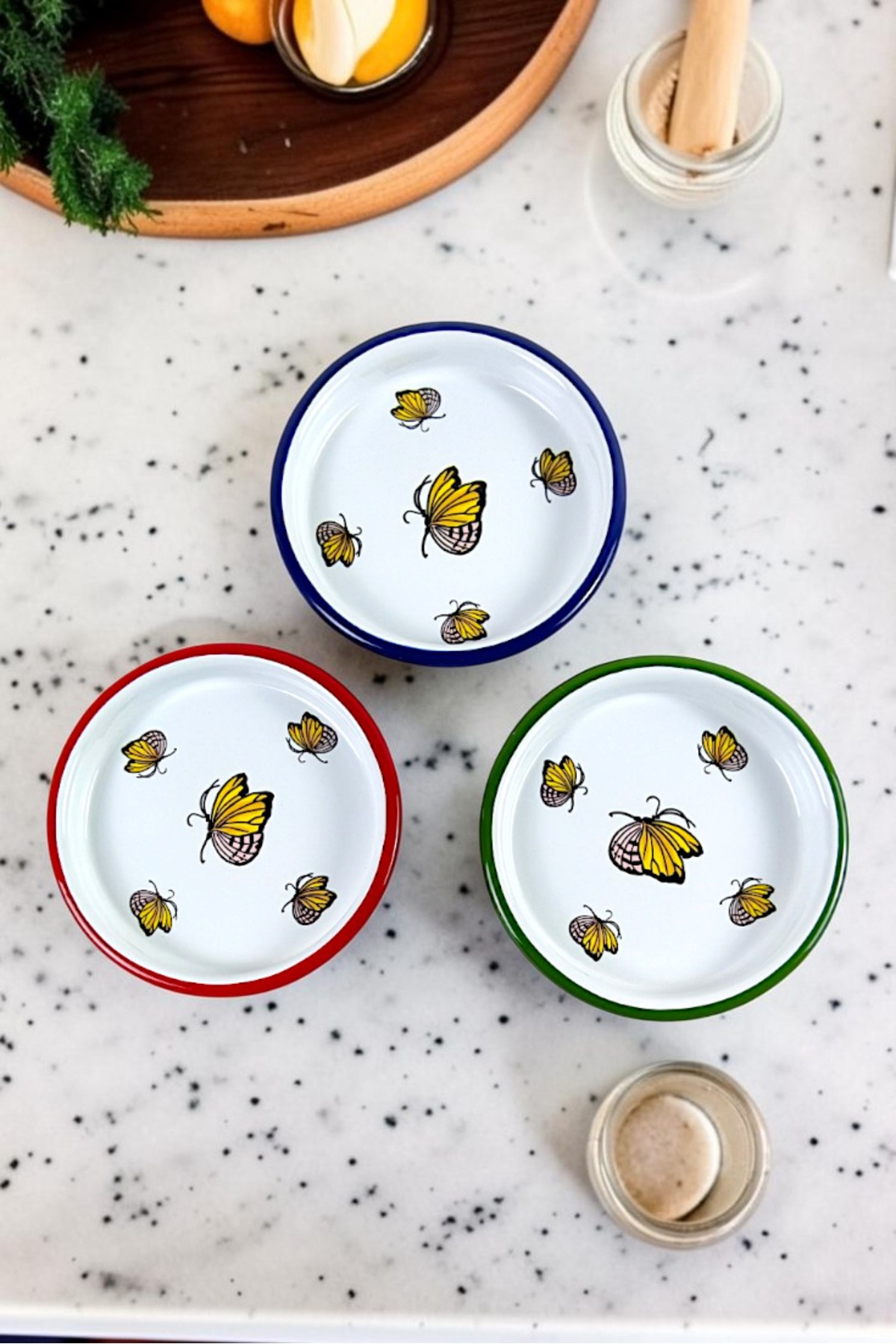 16 Cm 3 Parça 3 Renk Emaye Tabak 3 Kişilik Kahve Tabağı, Servis Tabağı Çerez Tabağı, Hediye,