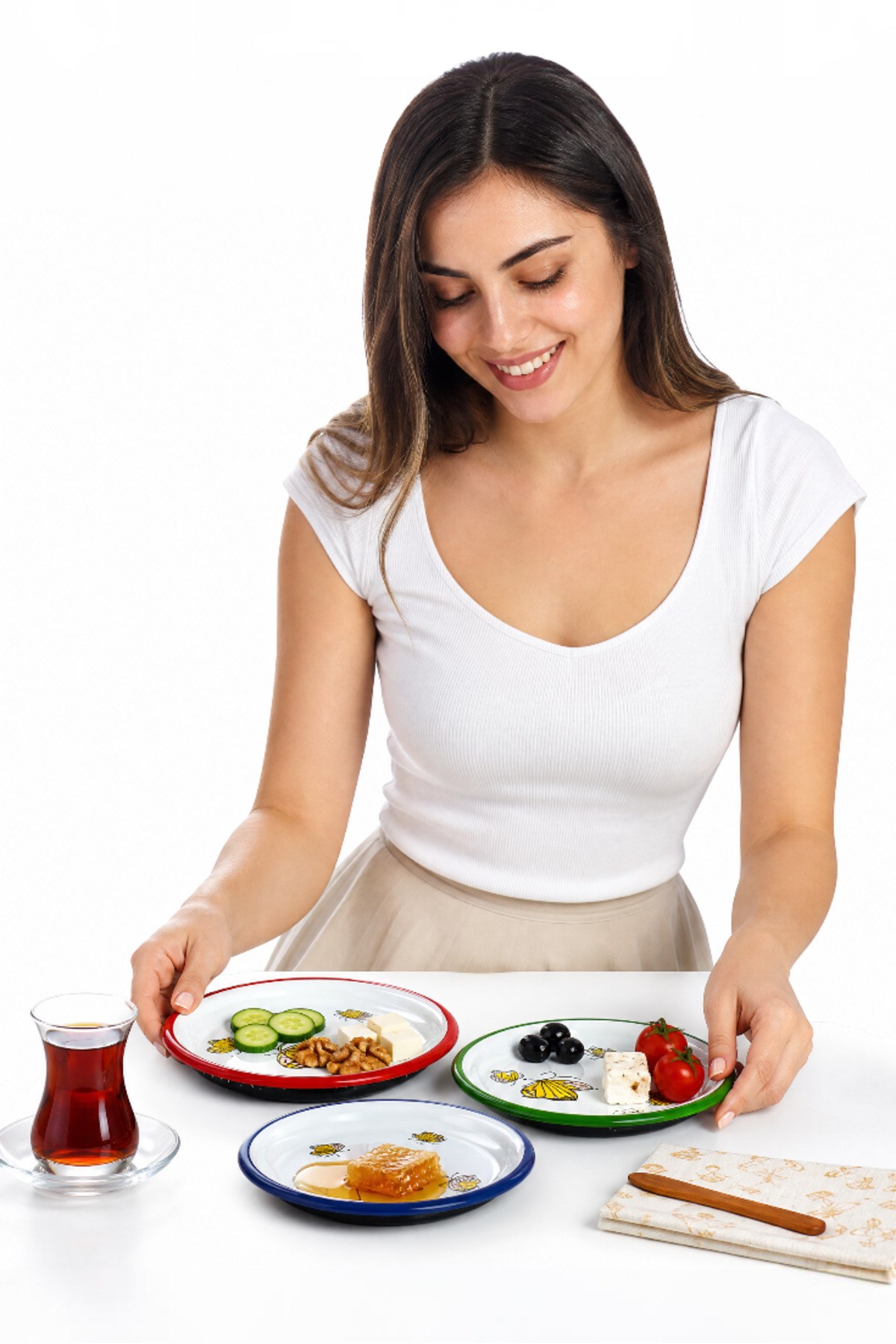 16 Cm 3 Parça 3 Renk Emaye Tabak 3 Kişilik Kahve Tabağı, Servis Tabağı Çerez Tabağı, Hediye,
