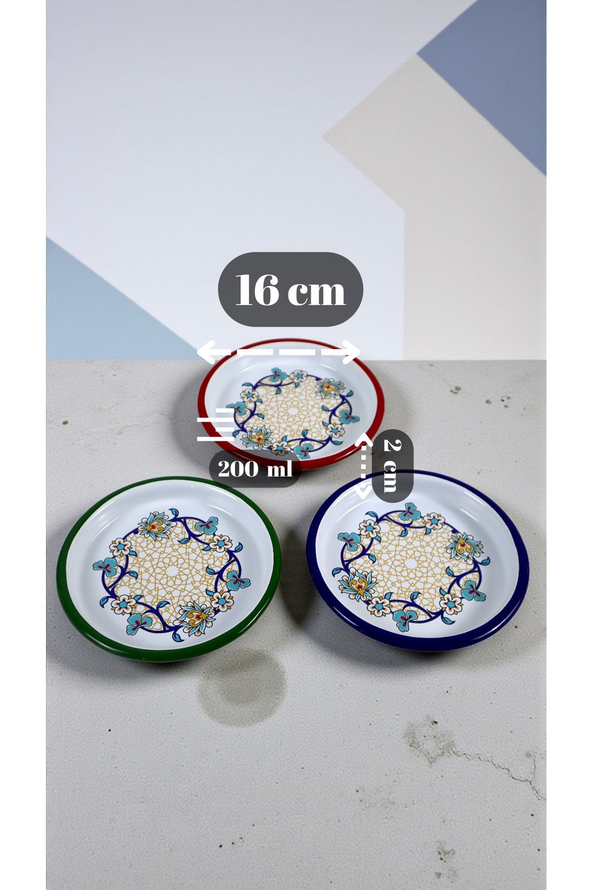 16 Cm 3 Parça 3 Renk Emaye Tabak 3 Kişilik Kahve Tabağı, Servis Tabağı Çerez Tabağı, Hediye,