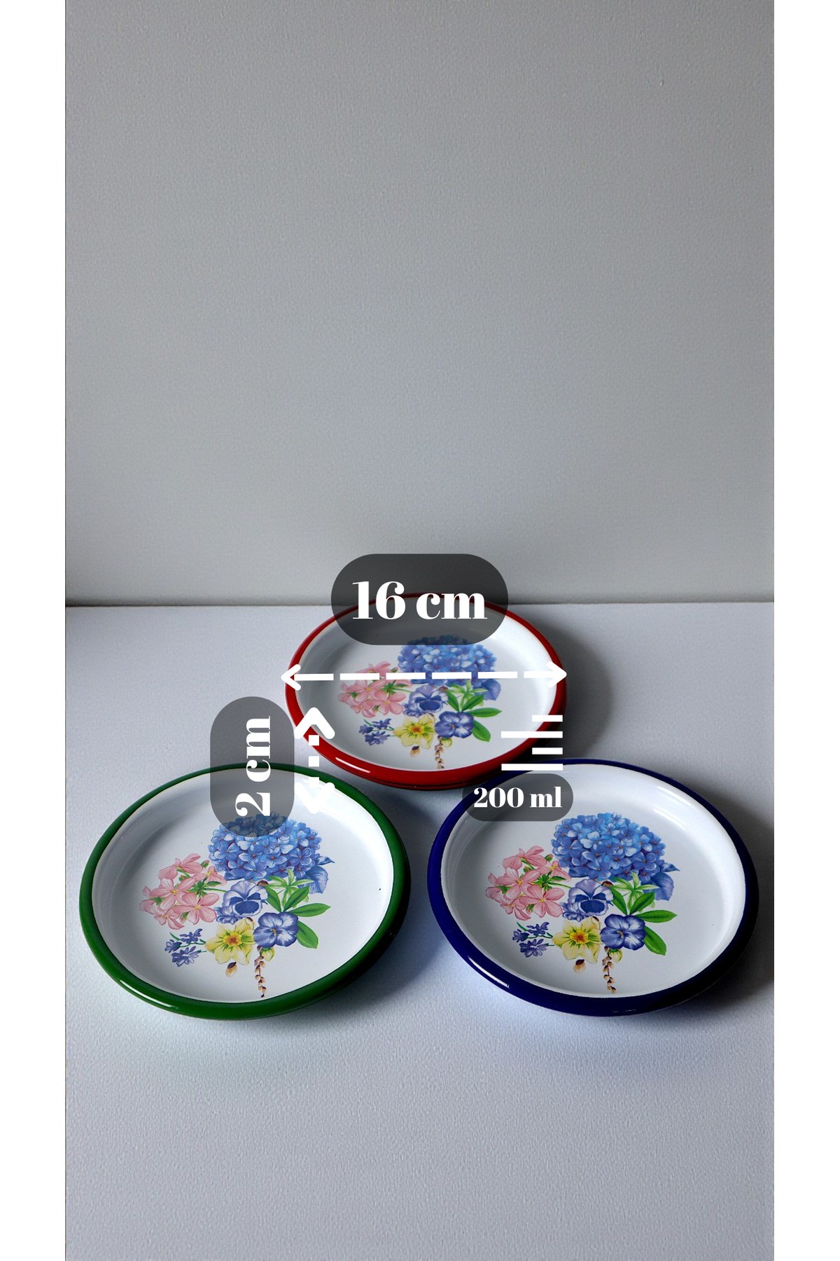 16 Cm 3 Parça 3 Renk Emaye Tabak 3 Kişilik Kahve Tabağı, Servis Tabağı Çerez Tabağı, Hediye,