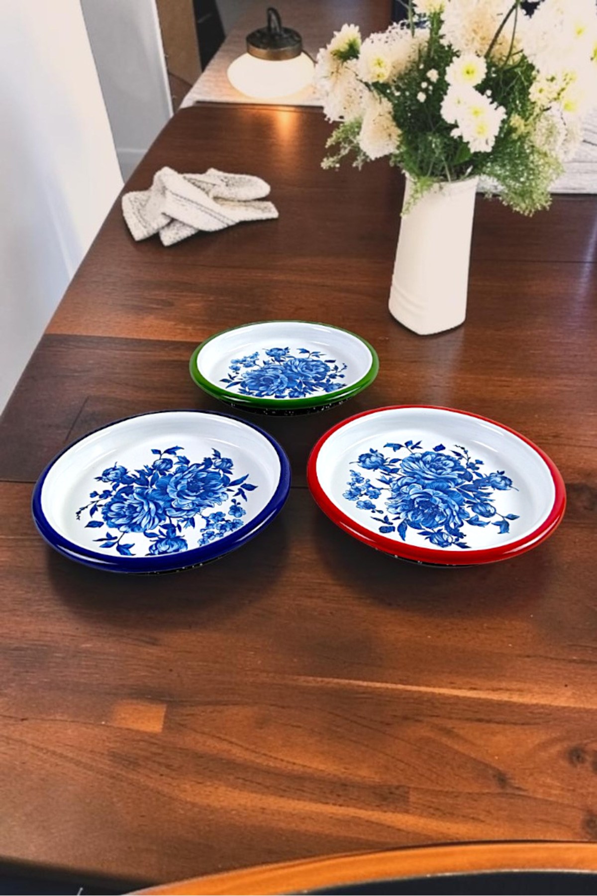 16 Cm 3 Parça 3 Renk Emaye Tabak 3 Kişilik Kahve Tabağı, Servis Tabağı Çerez Tabağı, Hediye,