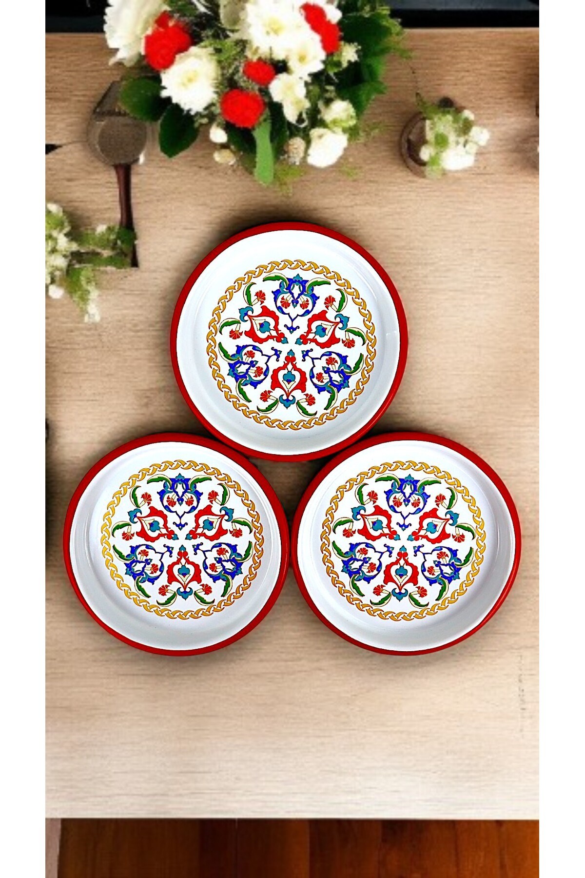 16 Cm 3 Parça Emaye Tabak 3 Kişilik Kahve Tabağı, Servis Tabağı Çerez Tabağı,, Hediye,