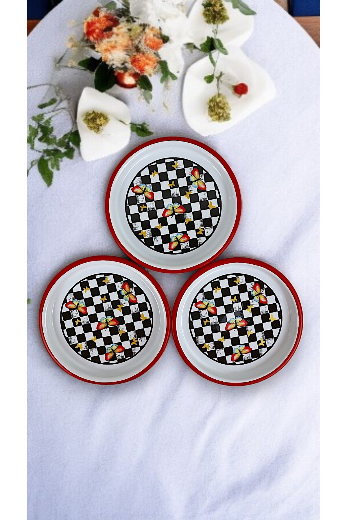 16 Cm 3 Parça Emaye Tabak 3 Kişilik Kahve Tabağı, Servis Tabağı Çerez Tabağı,, Hediye,