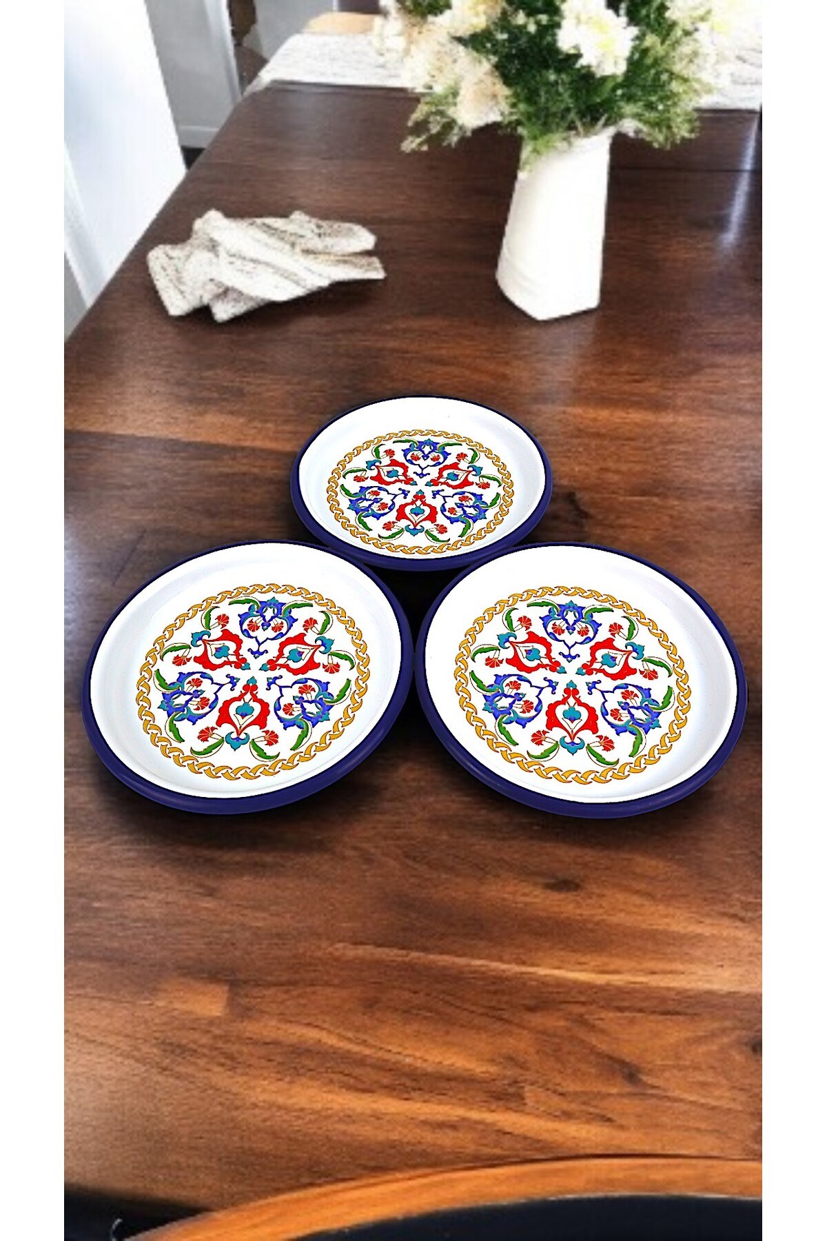16 Cm 3 Parça Emaye Tabak 3 Kişilik Kahve Tabağı, Servis Tabağı Çerez Tabağı,, Hediye,
