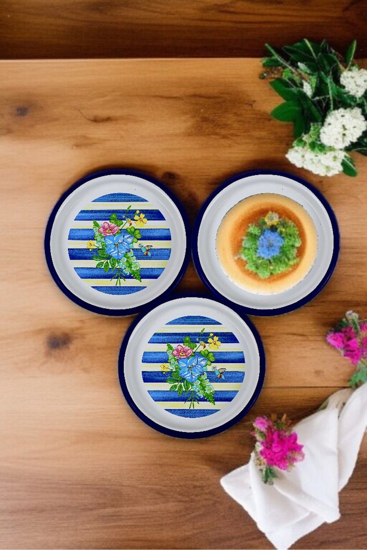 16 Cm 3 Parça Emaye Tabak 3 Kişilik Kahve Tabağı, Servis Tabağı Çerez Tabağı,, Hediye,