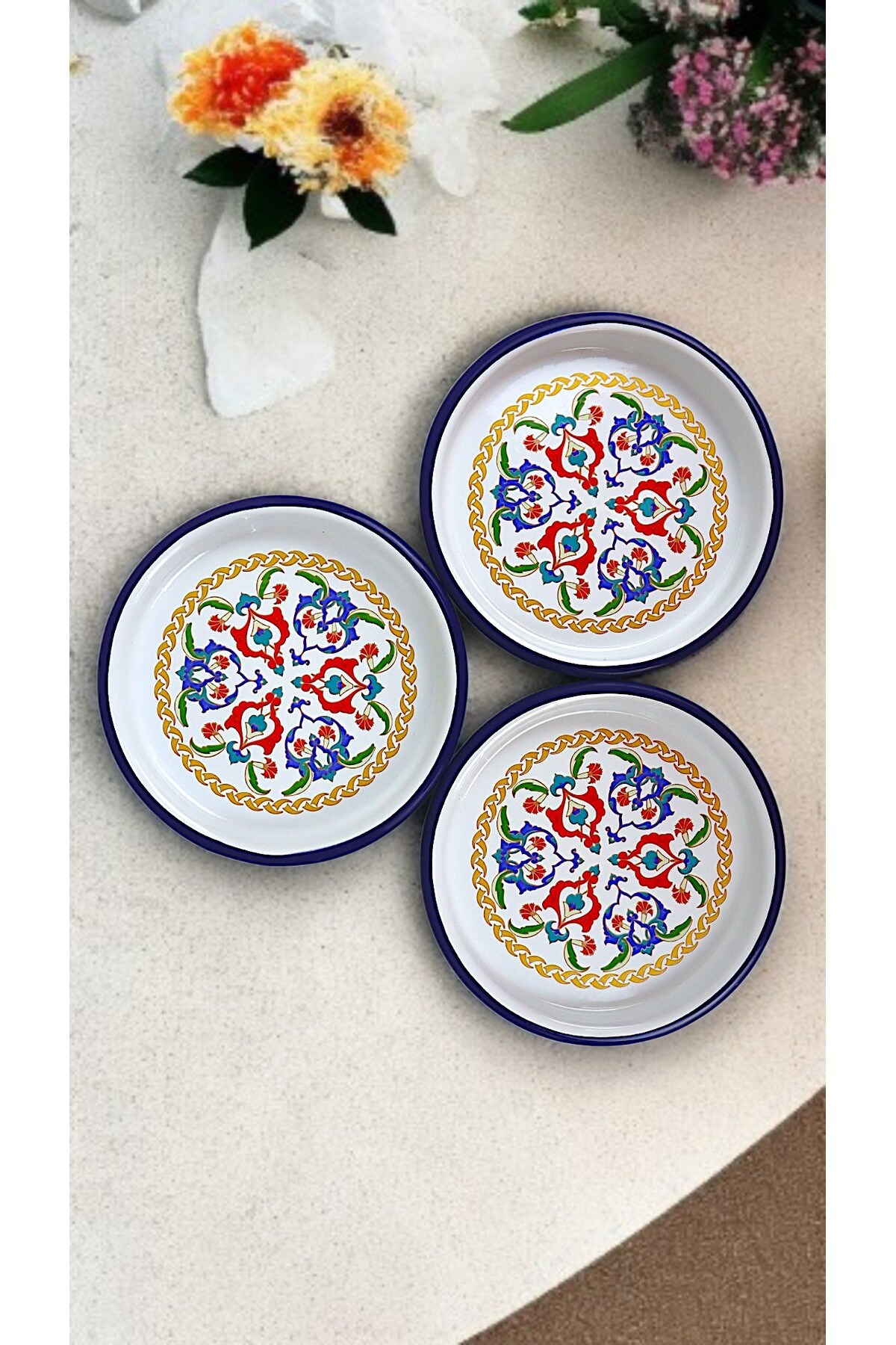 16 Cm 3 Parça Emaye Tabak 3 Kişilik Kahve Tabağı, Servis Tabağı Çerez Tabağı,, Hediye,