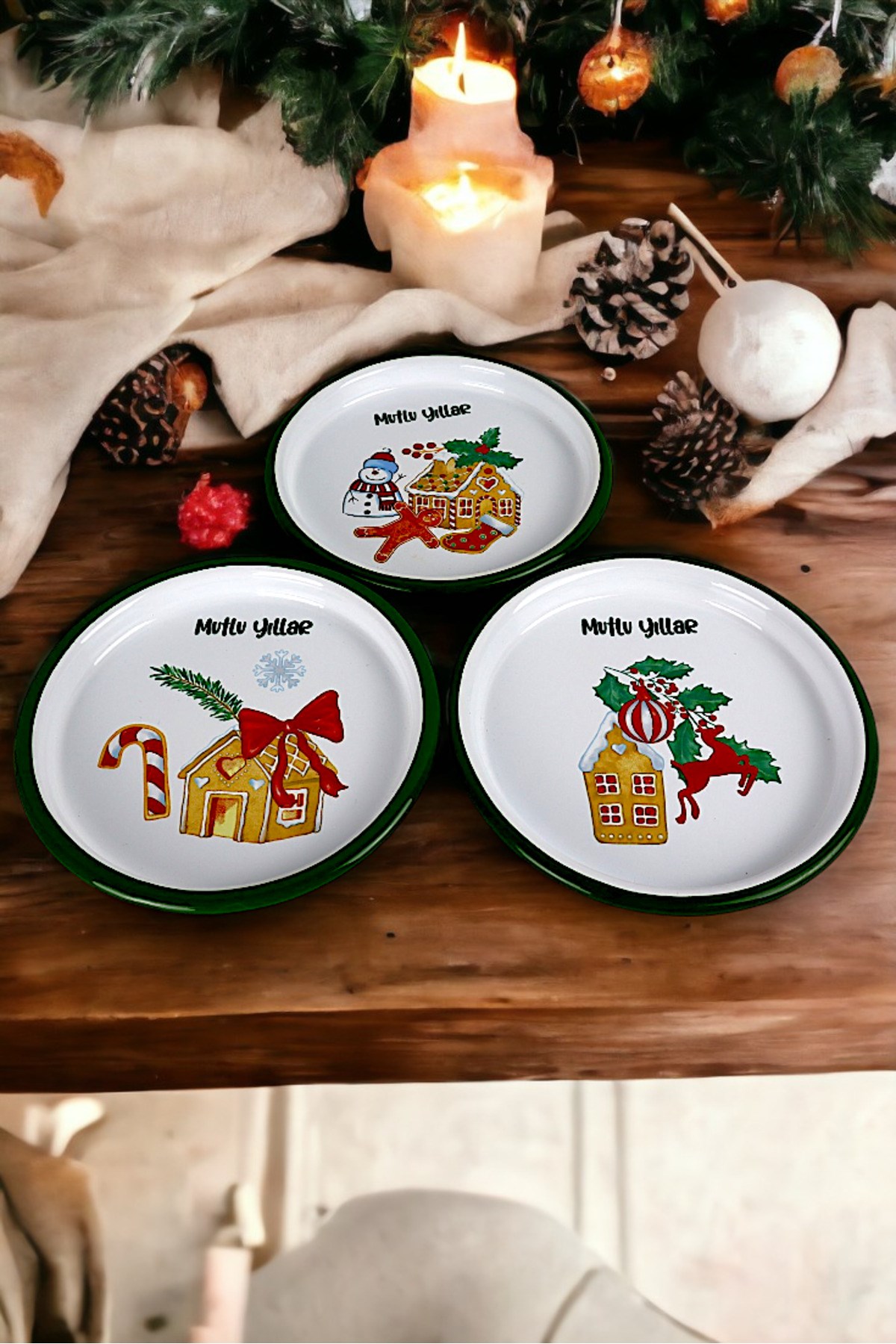 16 Cm 3 Parça Emaye Tabak 3 kişilk Kahve Tabağı, Servis Tabağı Çerez Tabağı, Yılbaşı, Hediye,
