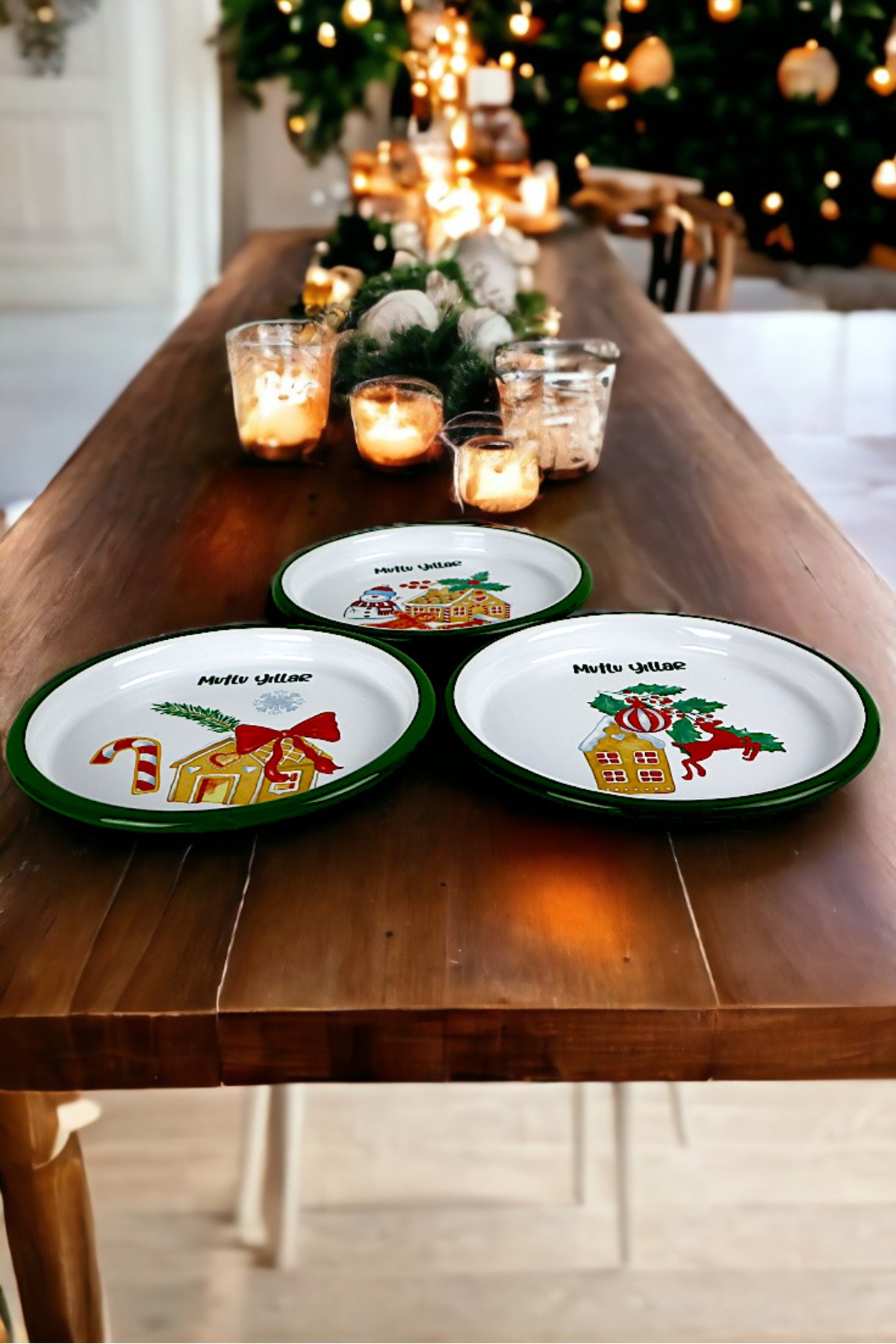 16 Cm 3 Parça Emaye Tabak 3 kişilk Kahve Tabağı, Servis Tabağı Çerez Tabağı, Yılbaşı, Hediye,