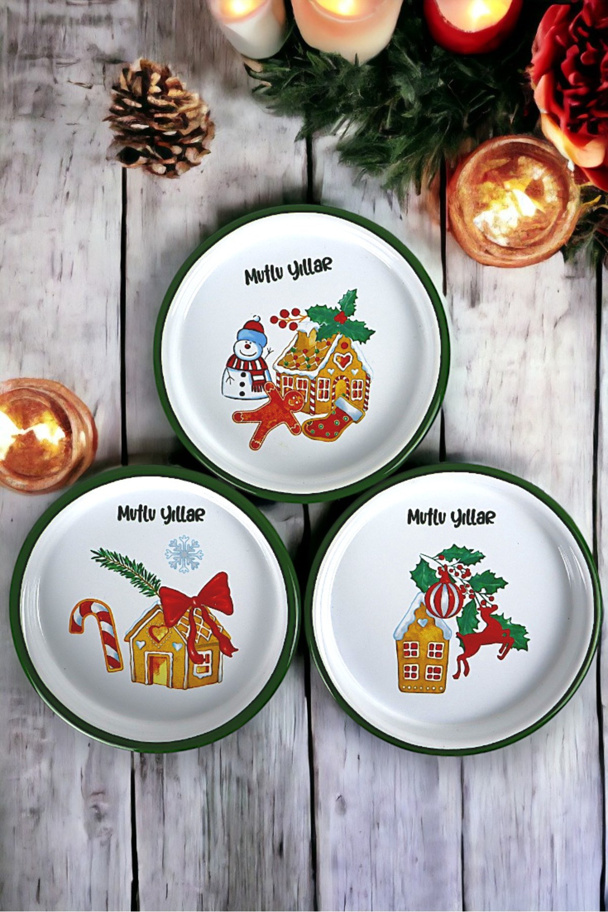 16 Cm 3 Parça Emaye Tabak 3 kişilk Kahve Tabağı, Servis Tabağı Çerez Tabağı, Yılbaşı, Hediye,