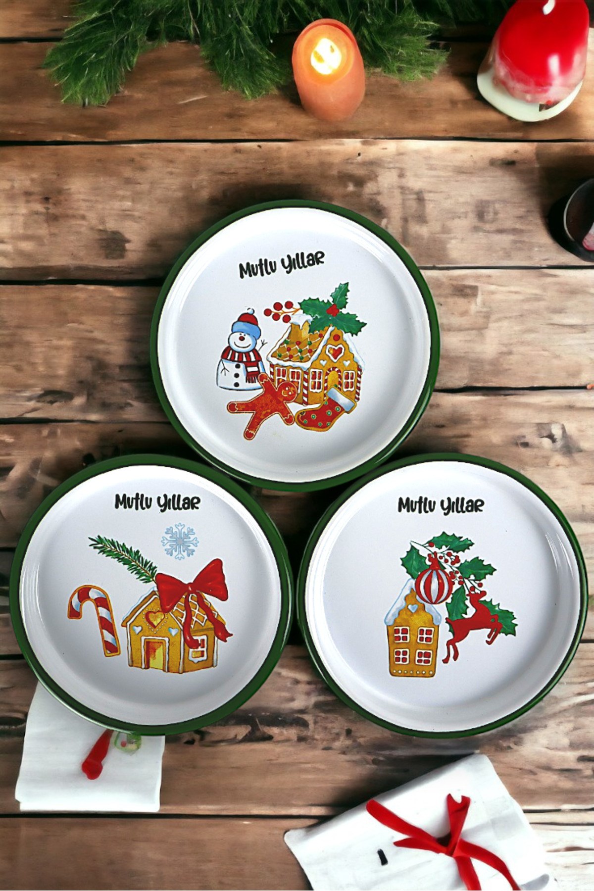16 Cm 3 Parça Emaye Tabak 3 kişilk Kahve Tabağı, Servis Tabağı Çerez Tabağı, Yılbaşı, Hediye,