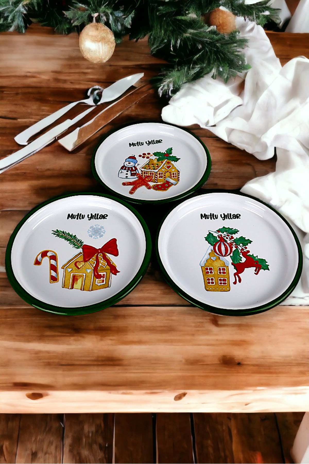 16 Cm 3 Parça Emaye Tabak 3 kişilk Kahve Tabağı, Servis Tabağı Çerez Tabağı, Yılbaşı, Hediye,