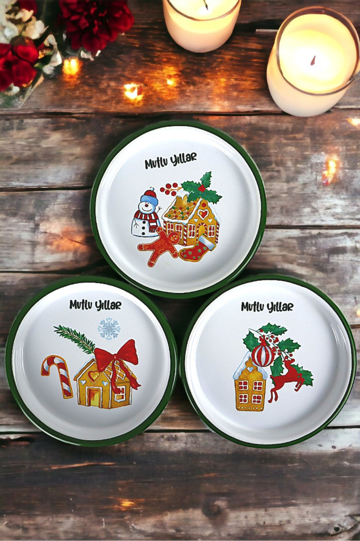 16 Cm 3 Parça Emaye Tabak 3 kişilk Kahve Tabağı, Servis Tabağı Çerez Tabağı, Yılbaşı, Hediye,