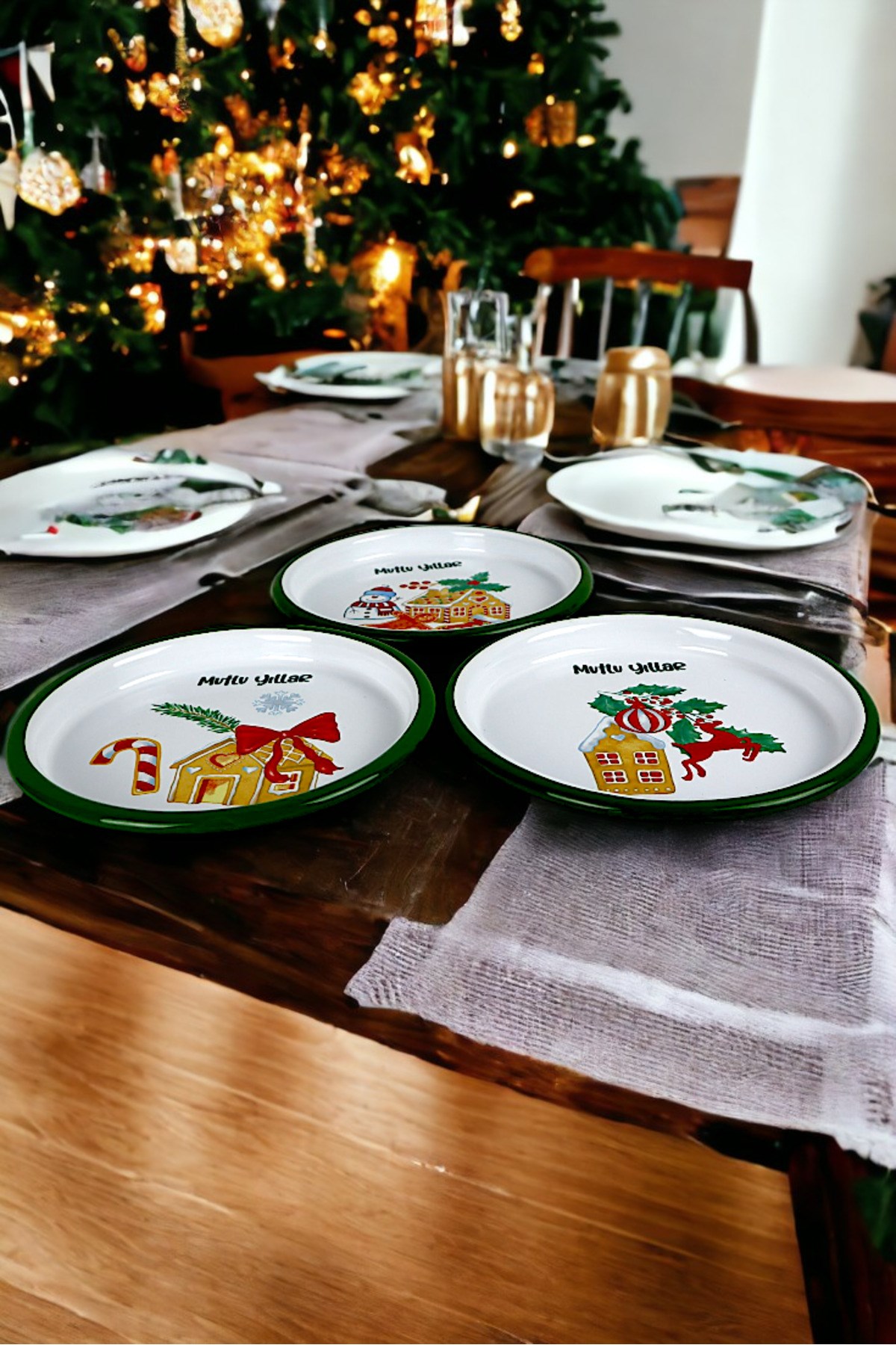 16 Cm 3 Parça Emaye Tabak 3 kişilk Kahve Tabağı, Servis Tabağı Çerez Tabağı, Yılbaşı, Hediye,