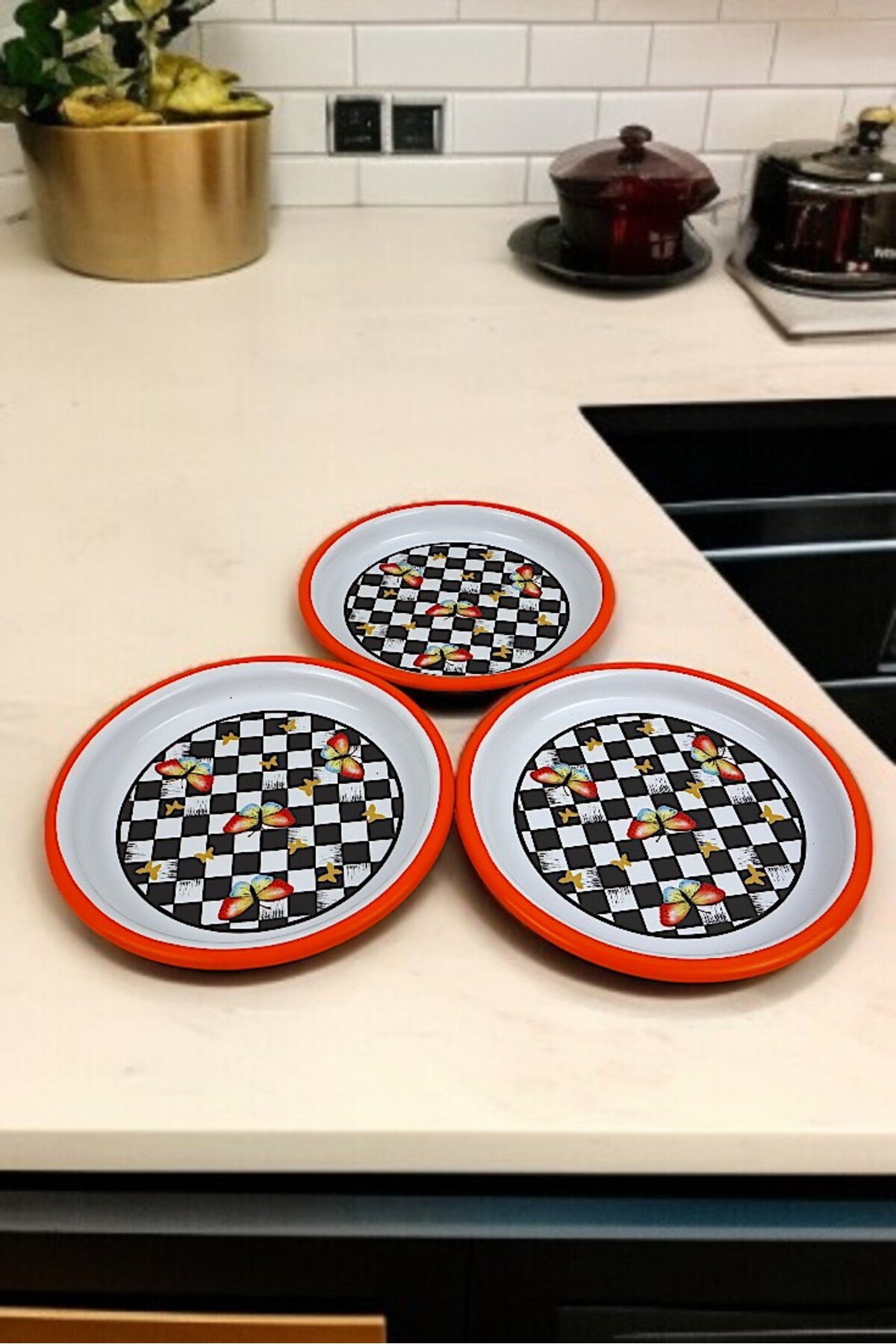 16 Cm 3 Parça Emaye Tabak Tek Kişilik Kahve Tabağı, Servis Tabağı Çerez Tabağı,, Hediye,