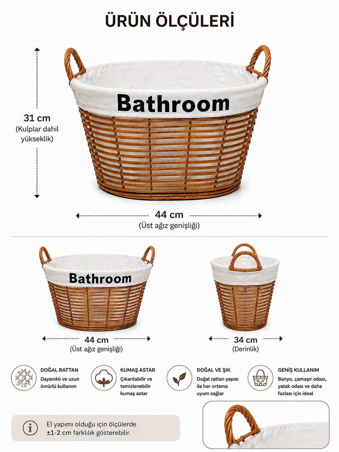 2 Adet Kulplu Banyo Sepeti Çamaşır Toplama ve Düzenleme Sepeti Kumaş Astarlı Banyo Organizeri