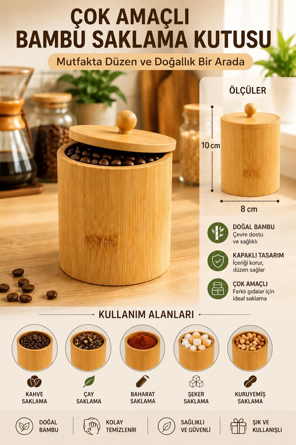2’li Bambu Saklama Kutusu Seti Kahve Şeker Çay Baharat Kavanozu Mutfak Organizeri