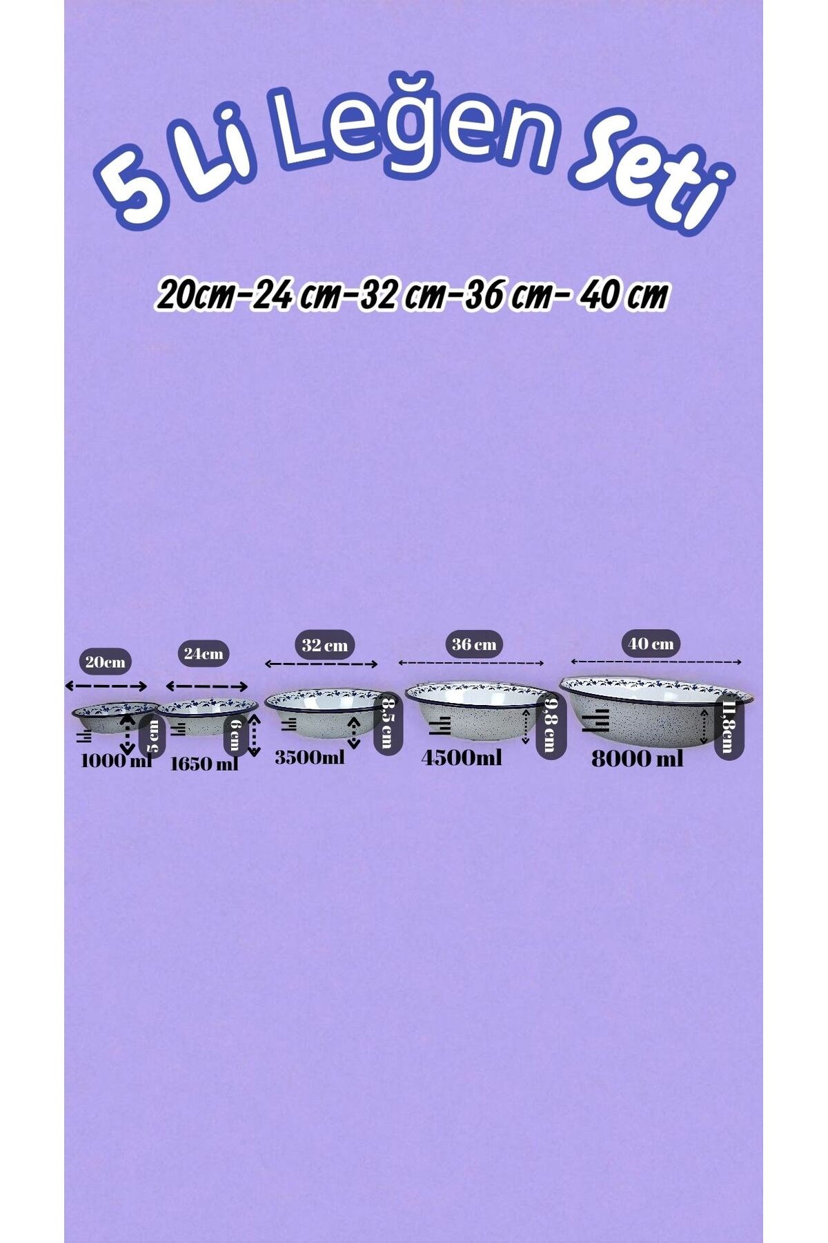 20cm-24cm-32 Cm-36 Cm-40 Cm 5 li Emaye Leğen Çırpma Ve Karıştırma Kabı, Hamur Leğeni,Meyvelik, Çeyiz