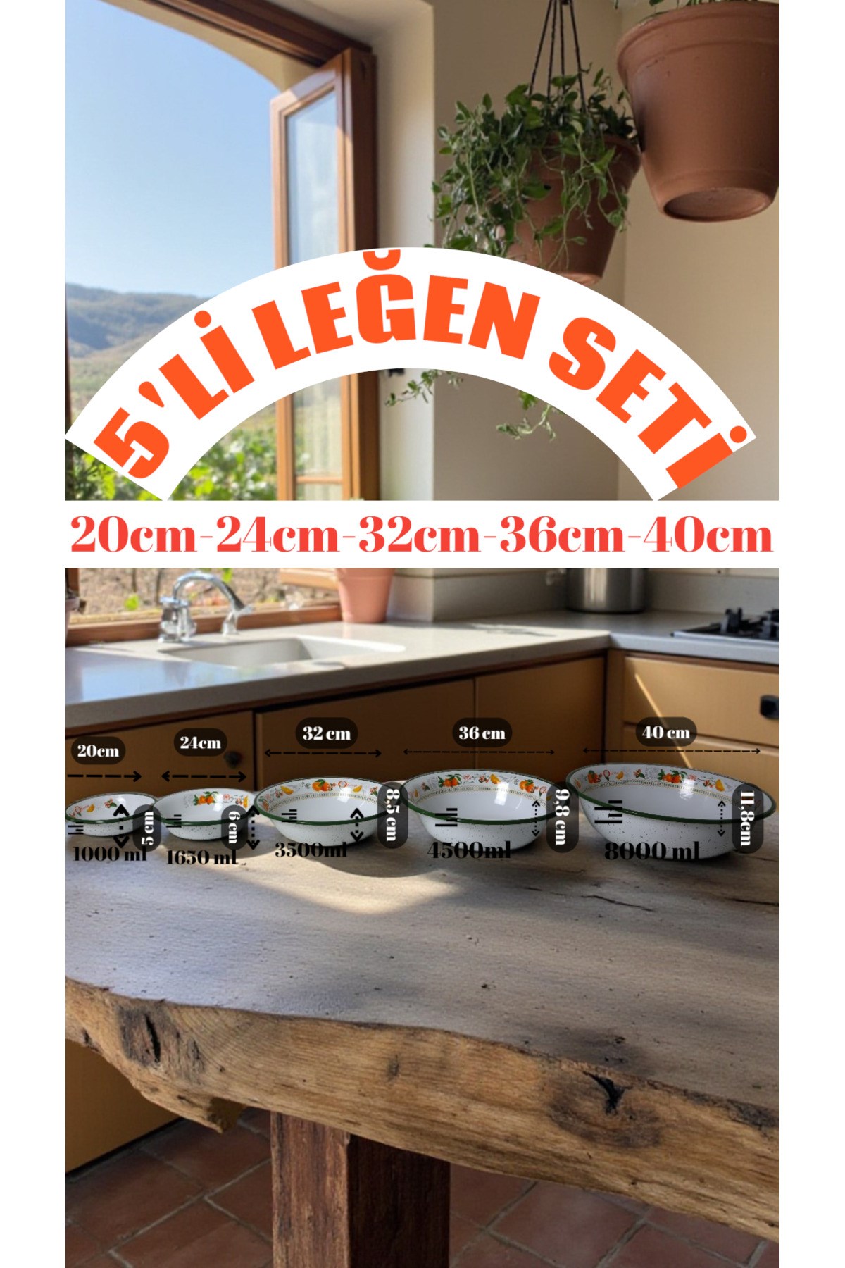 20cm-24cm-32 Cm-36 Cm-40 Cm 5 li Emaye Leğen Çırpma Ve Karıştırma Kabı, Hamur Leğeni,Meyvelik, Çeyiz