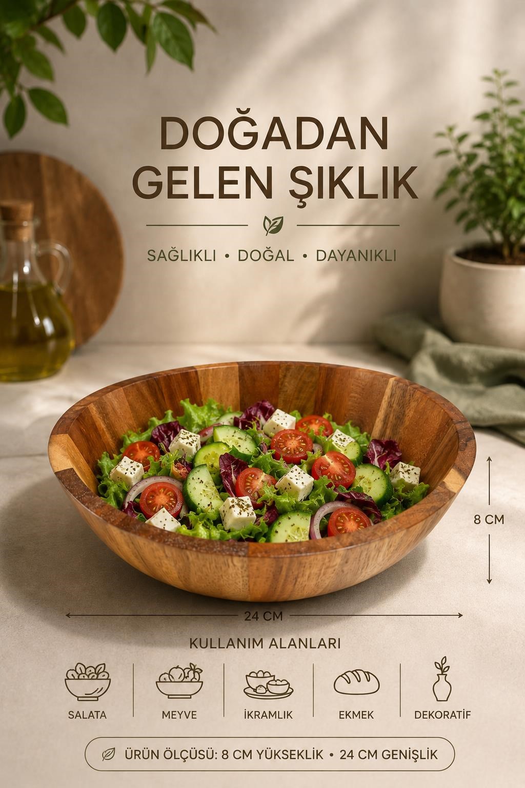 24 cm Akasya Ahşap Salata Kasesi – Modern Ekmeklik , Şık ve Doğal Sunum Kasesi