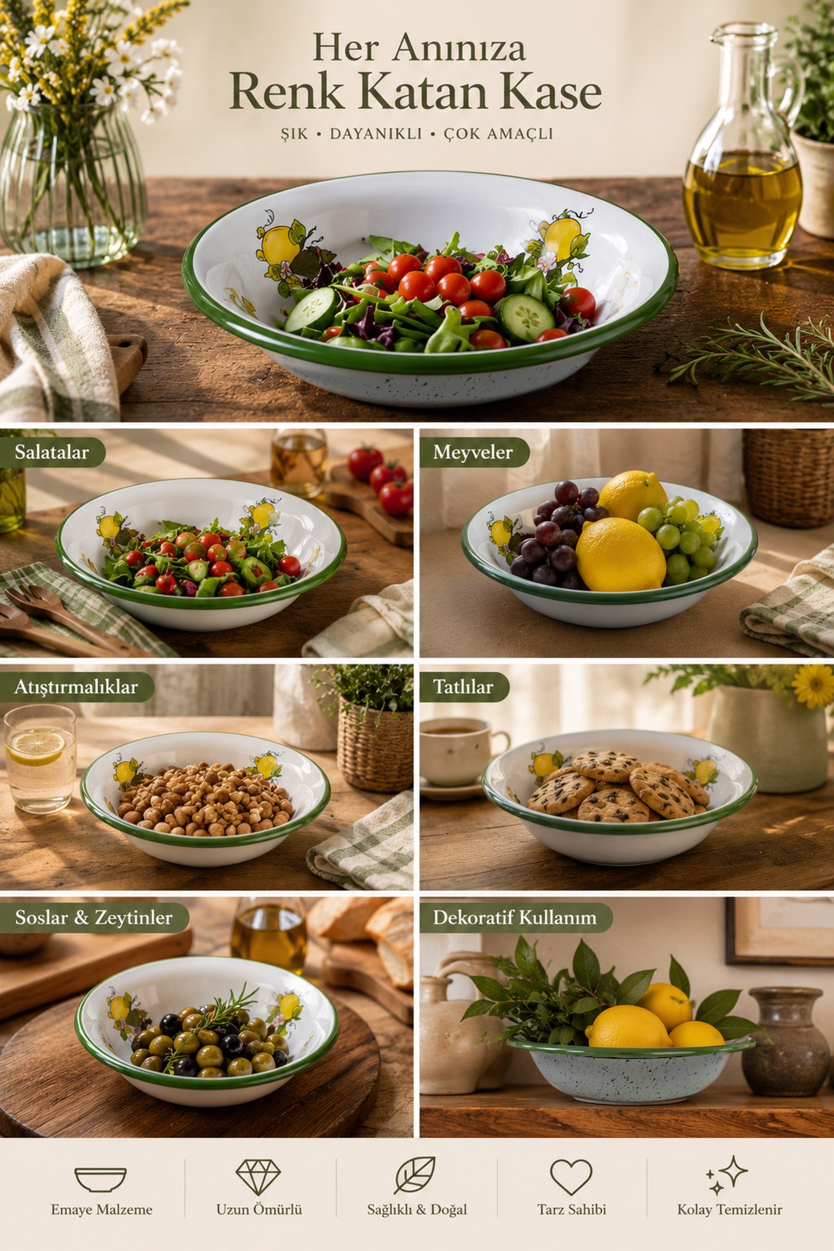 24 Cm Emaye Kase , Çukur Tabak, Salata Tabak, Cips Tabak