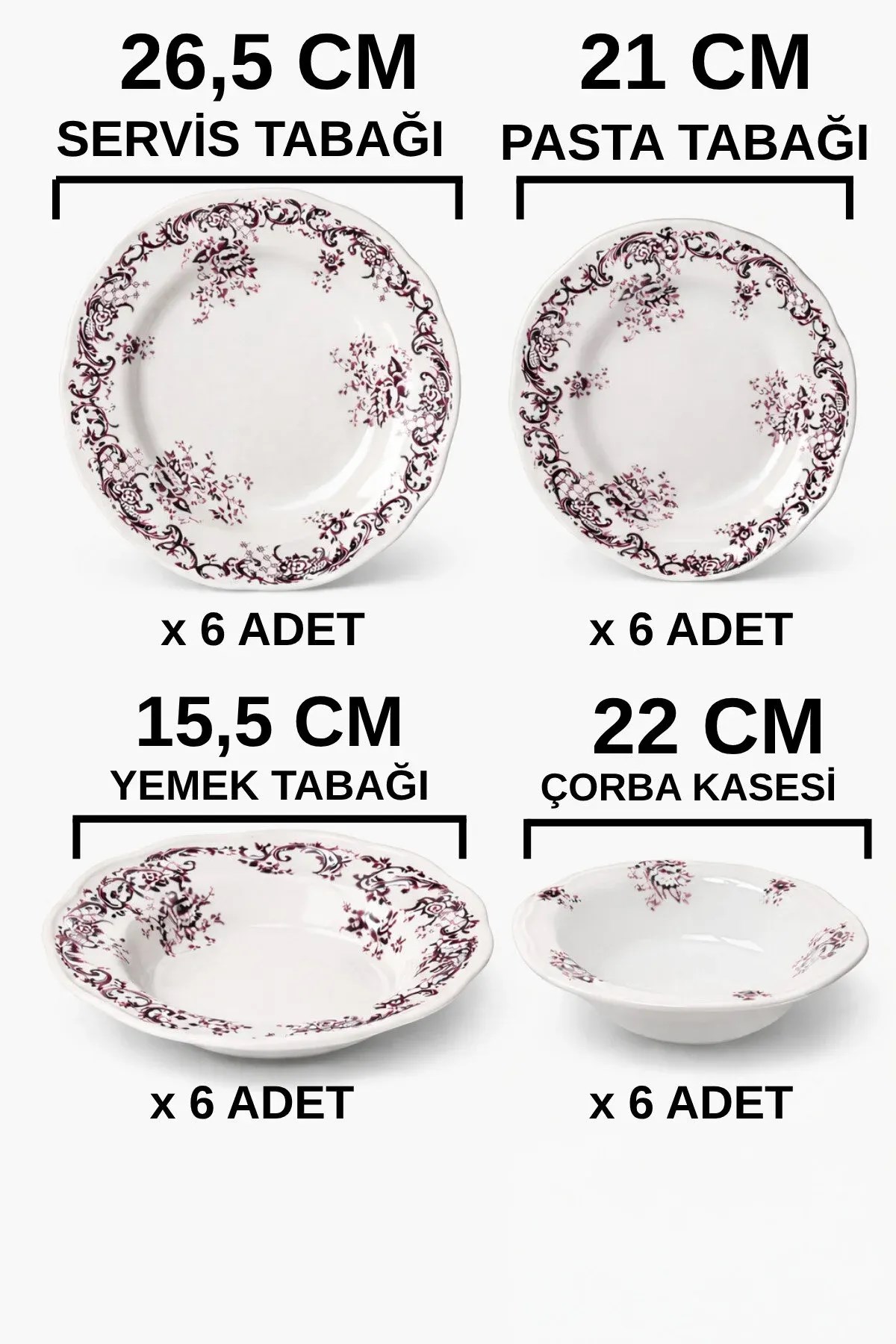 24 Parça 6 Kişilik Mürdüm Floral Desen Porselen Yemek Takımı