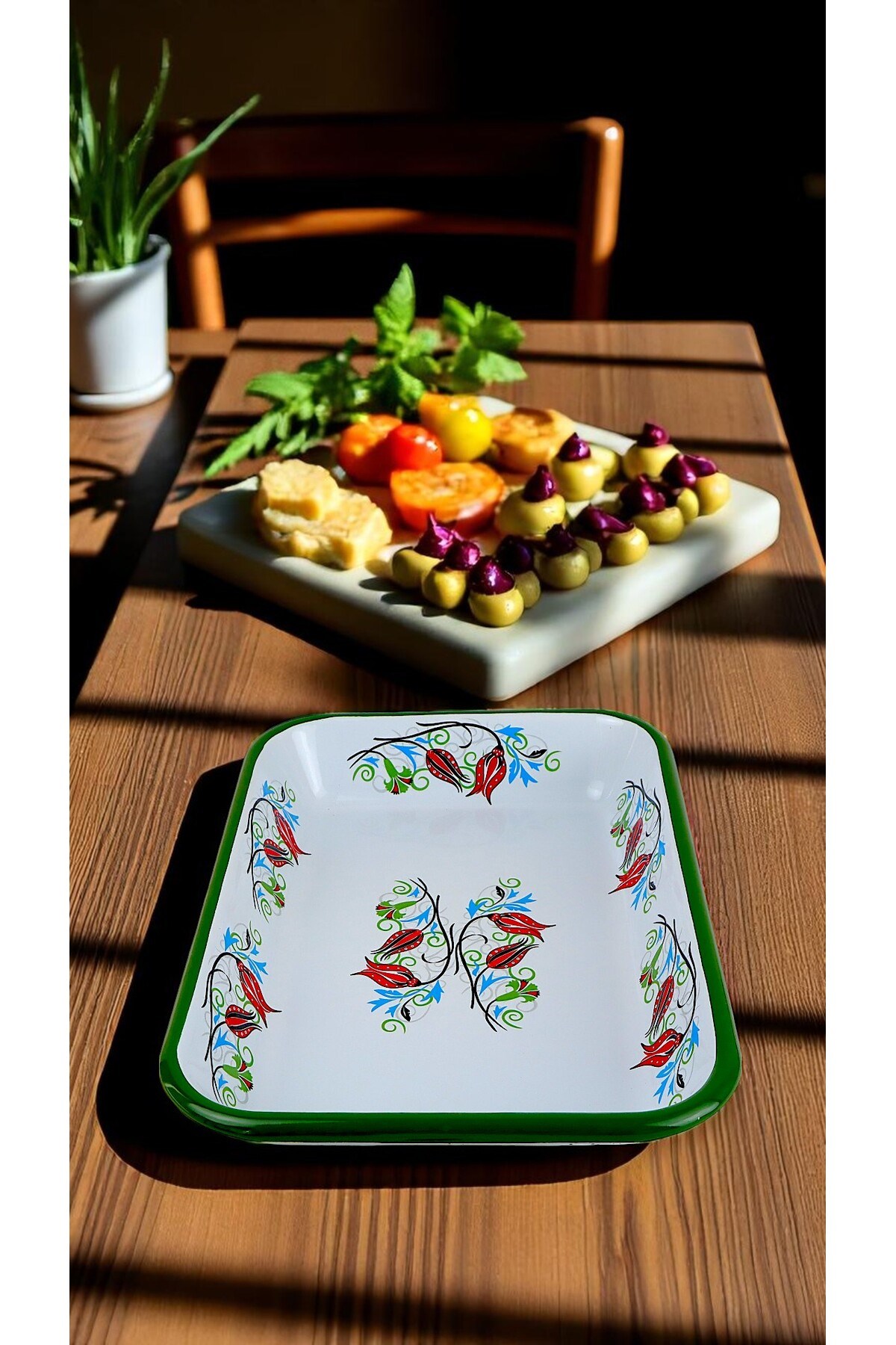 28 No Emaye Dörtgen Tabak Meze Kahvaltılık Kamp Piknik