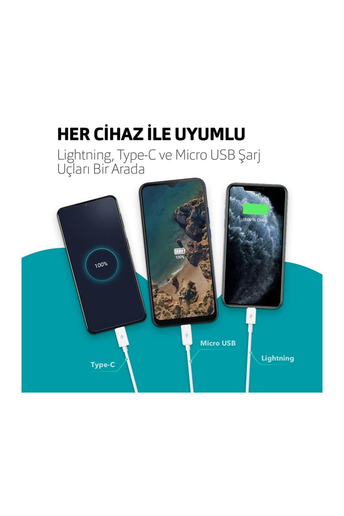 2Dk7521 Trio Şarj Kablosu Typec,Lightning,Micro Usb Beyaz