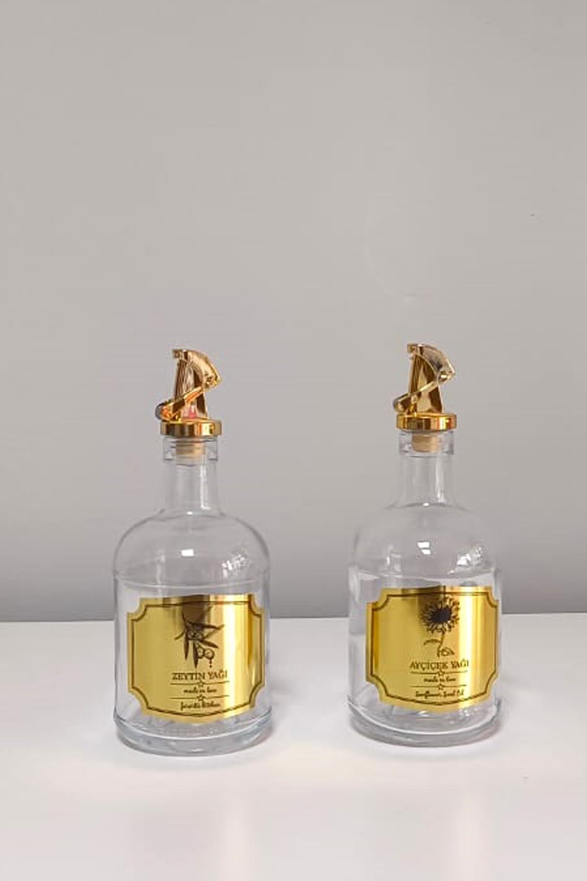 2'li 500 ml Yağlık - Gold Kapaklı Cam Şeffaf Yağdanlık, Gold Etiketli Zeytin Yağı ve Ayçiçek Yağı Şişesi