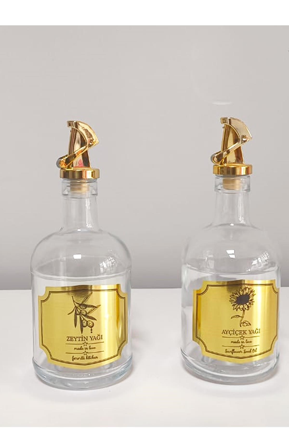 2'li 500 ml Yağlık - Gold Kapaklı Cam Şeffaf Yağdanlık, Gold Etiketli Zeytin Yağı ve Ayçiçek Yağı Şişesi